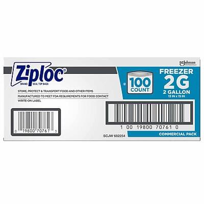 Ziploc CRARB SEAL TOP BAGS  
STORE, PROTECT & TRANSPORT FOOD AND OTHER ITEMS  
MANUFACTURED TO MEET FDA REQUIREMENTS FOR FOOD CONTACT  
WRITE-ON LABEL  
SC Johnson  
FREEZER 2G  
100 COUNT  
2 GALLON  
13 IN X 15 IN  
19800 70761 0  
COMMERCIAL PACK  
SCJW 682254