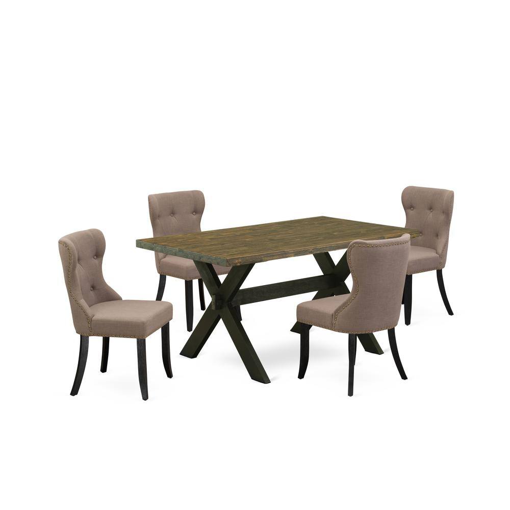 Left. East West Furniture - East West Furniture X676SI648-5 5-Piece Dining Set- 4 Parson Dining Chairs with Coffee Linen Fabric Seat and Button - Multi-Color.