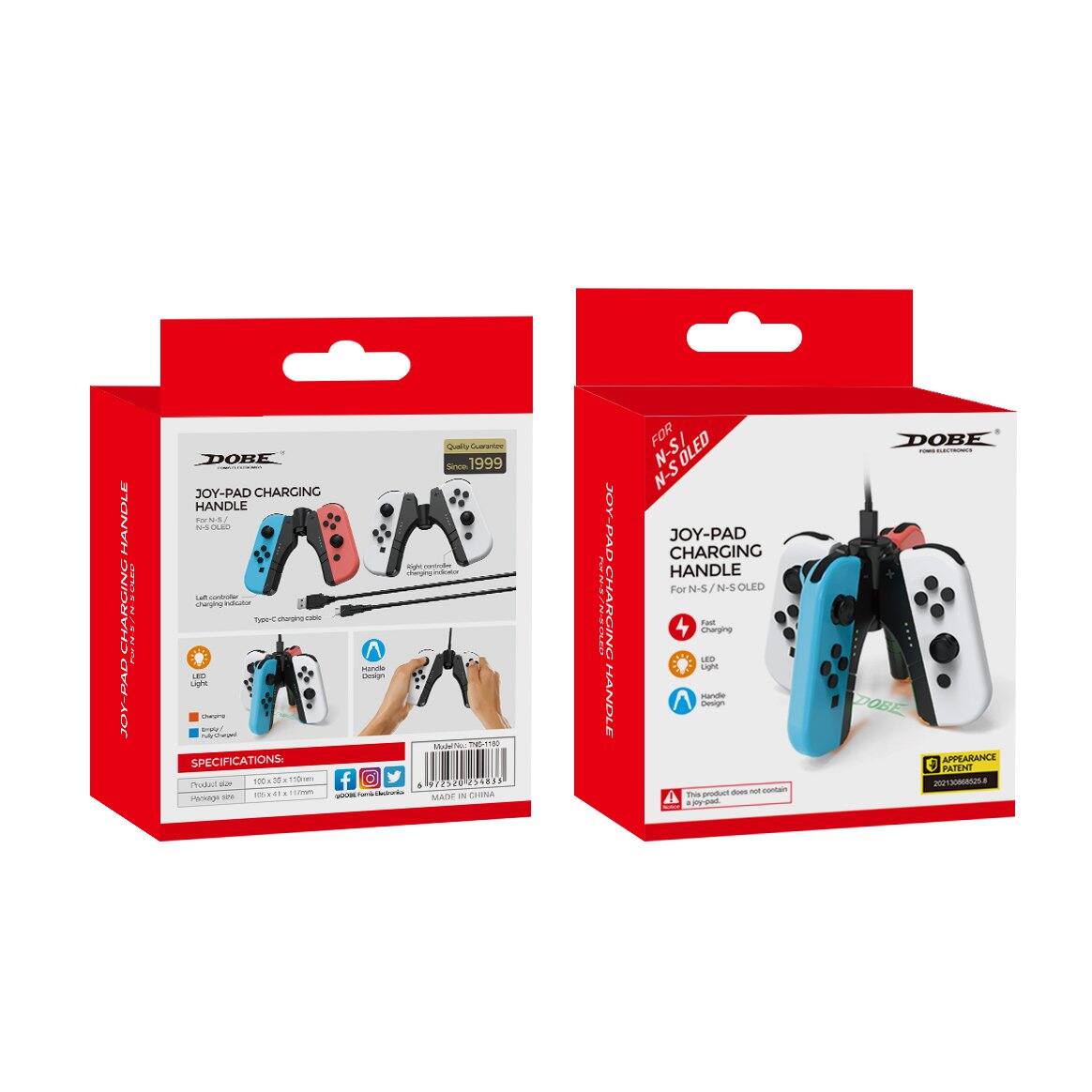**Left Package:**

- DOBE
- JOY-PAD CHARGING HANDLE
- For N-S/N-S OLED
- Quality Control Since 1999
- Fast Charging
- LED Light
- Type-C charging cable
- Handle Design
- Specifications:
  - Product size: 100.20 x 20.20 x 110.15mm
  - Package size: 110 x 110 x 110mm
- Made in China
- DOBE for Nintendo Switch
- This product does not contain any batteries
- Appearance Patent: ZL 20193052628.8

**Right Package:**

- DOBE
- JOY-PAD CHARGING HANDLE
- For N-S/N-S OLED
- Fast Charging
- LED Light
- Handle Design
- This product does not contain any batteries
- Appearance Patent: ZL 20193052628.8