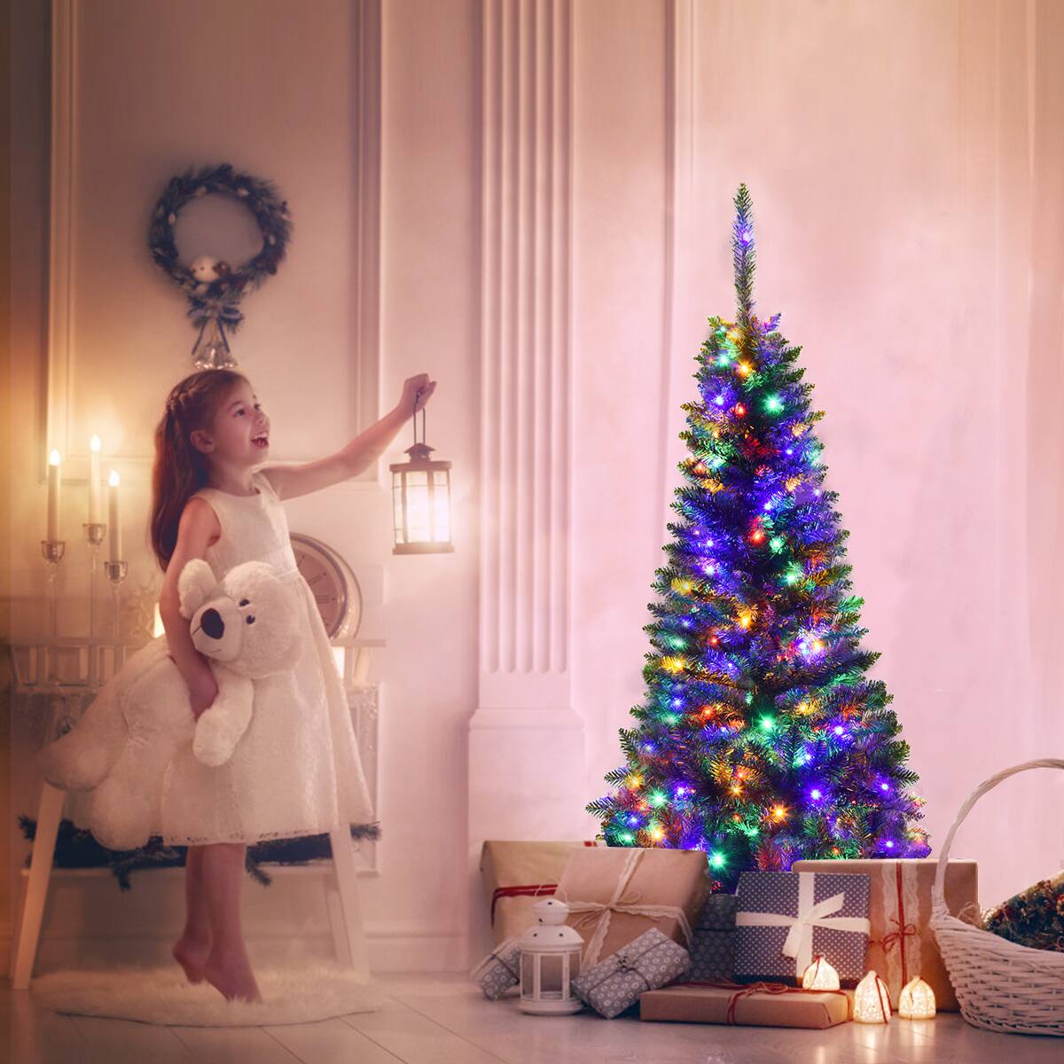 Alt View 15. Costway - 4.5ft Pre-Lit Hinged Fir Pencil Christmas Tree 150 Multicolor Light - Green.