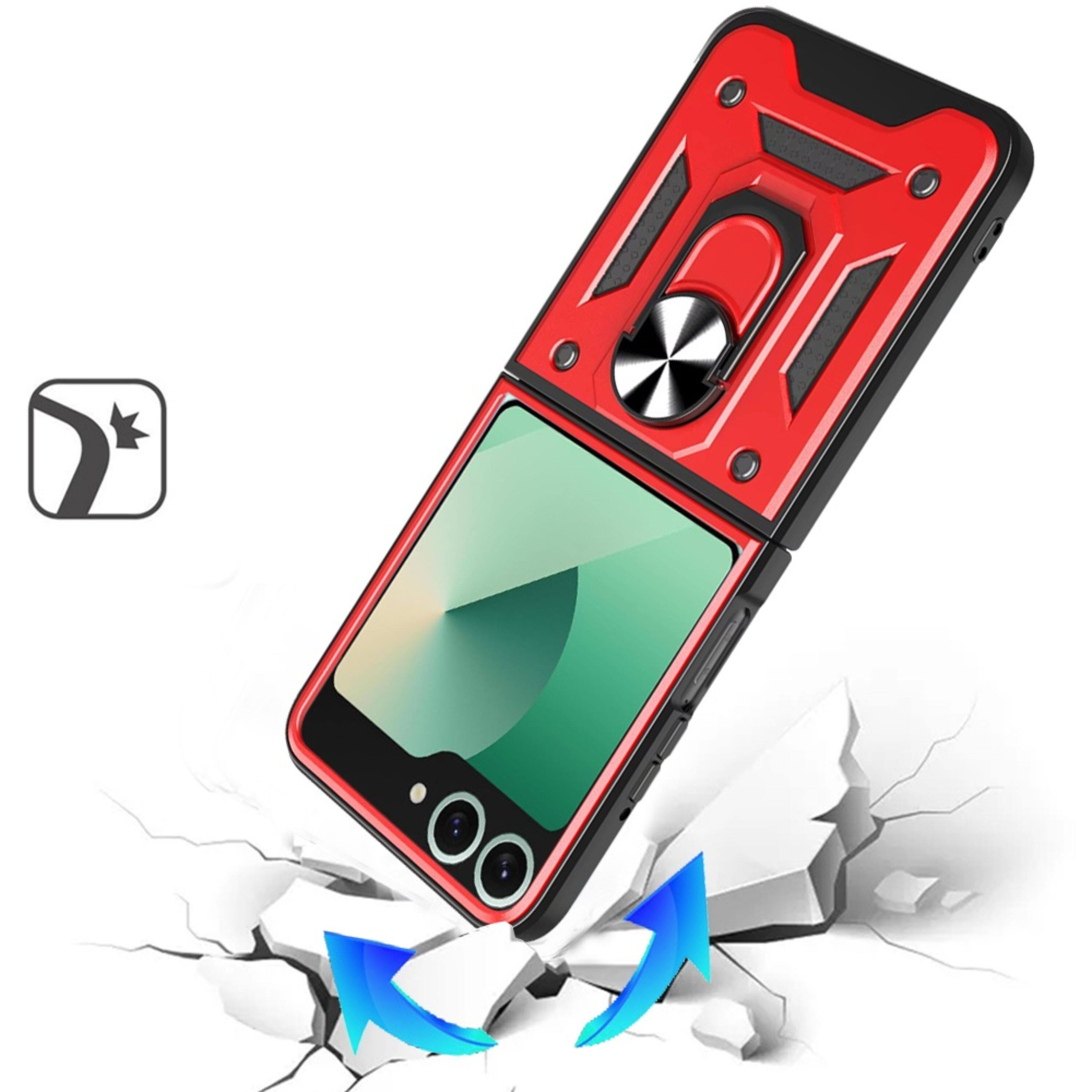 Angle. Kitcheniva - Camera Lens Shield Case With Magnetic Ring Stand & Tempered Glass For Samsung Galaxy Z Flip 7 Red - Red.