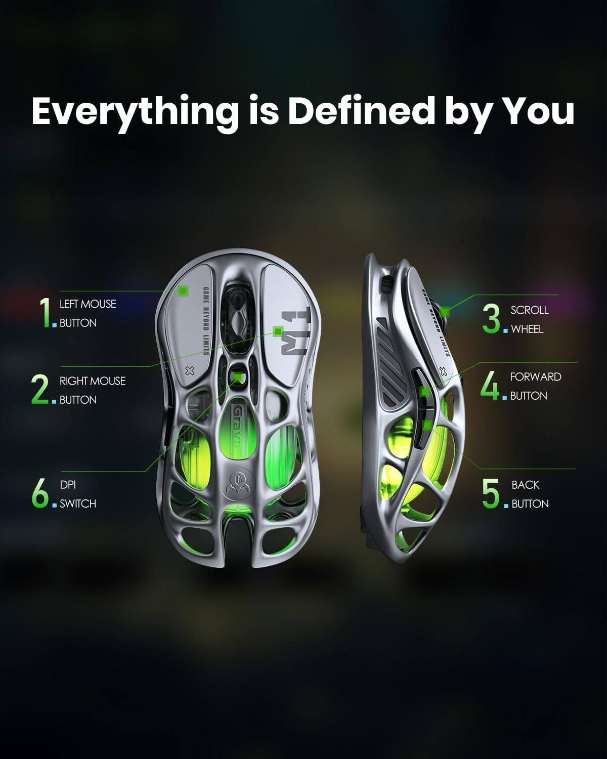 Everything is Defined by You

1. LEFT MOUSE BUTTON
2. RIGHT MOUSE BUTTON
3. SCROLL WHEEL
4. FORWARD BUTTON
5. BACK BUTTON
6. DPI SWITCH