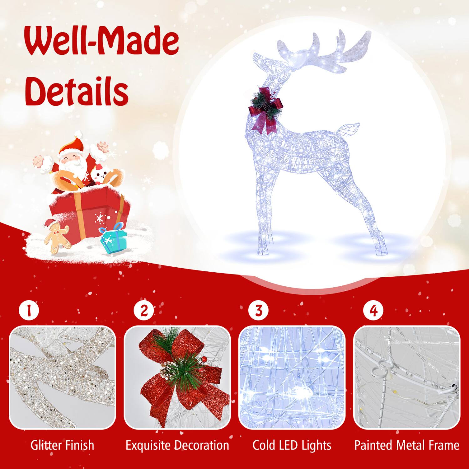 Well-Made Details

1. Glitter Finish
2. Exquisite Decoration
3. Cold LED Lights
4. Painted Metal Frame