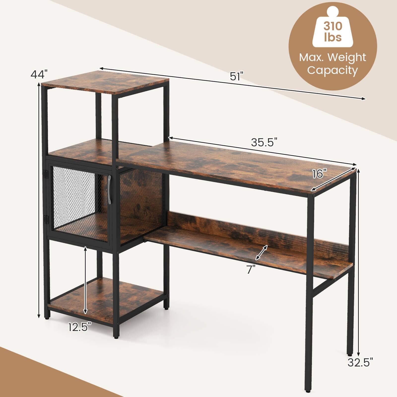The image shows a wooden desk with a black metal frame. The desk has a shelf on top and a drawer. The dimensions of the desk are 44" x 51" with a maximum weight capacity of 310 lbs. The shelf on top is 35.5" x 16" x 7" and the drawer is 12.5" x 32.5".