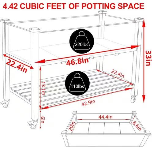 4.42 CUBIC FEET OF POTTING SPACE

- 22.4in
- 13.1in
- 220lbs
- 46.8in
- 110lbs
- 42.9in
- 22.4in
- 33in
- 6in
- 20in
- 44.4in
- 8.6in
