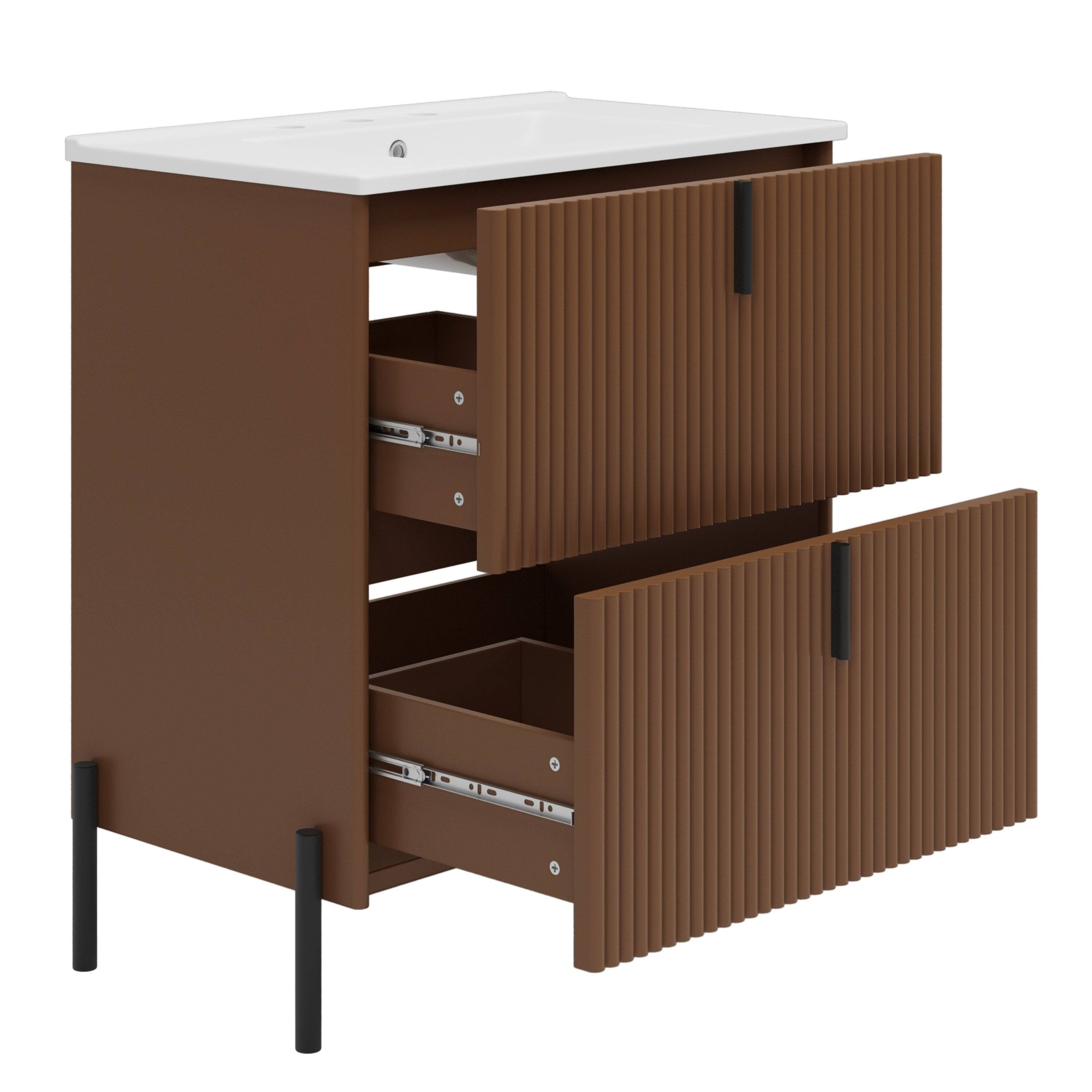 Left. Boyel Living - 30 Inch Bathroom Vanity with Ceramic Sink Vertical Pulls Full Extension Drawers Soft Close Dark Brown - DarkBrown.