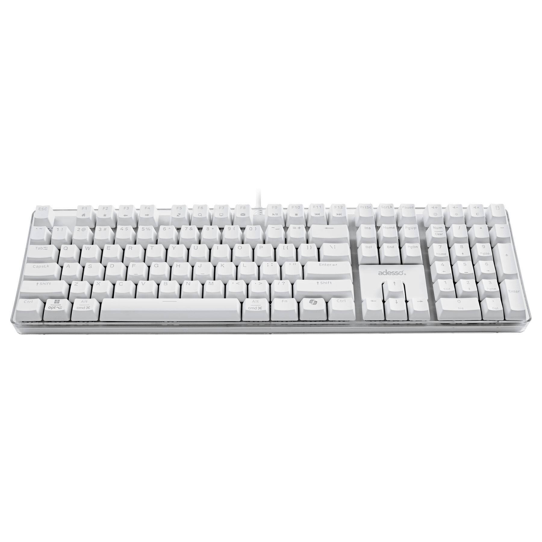 The image shows a white computer keyboard with white keys. The keyboard is placed on a white background, and it is a close-up shot of the keyboard. The keys are arranged in a standard layout, with the letters and numbers visible. The keyboard is likely designed for use with a computer or other electronic device.