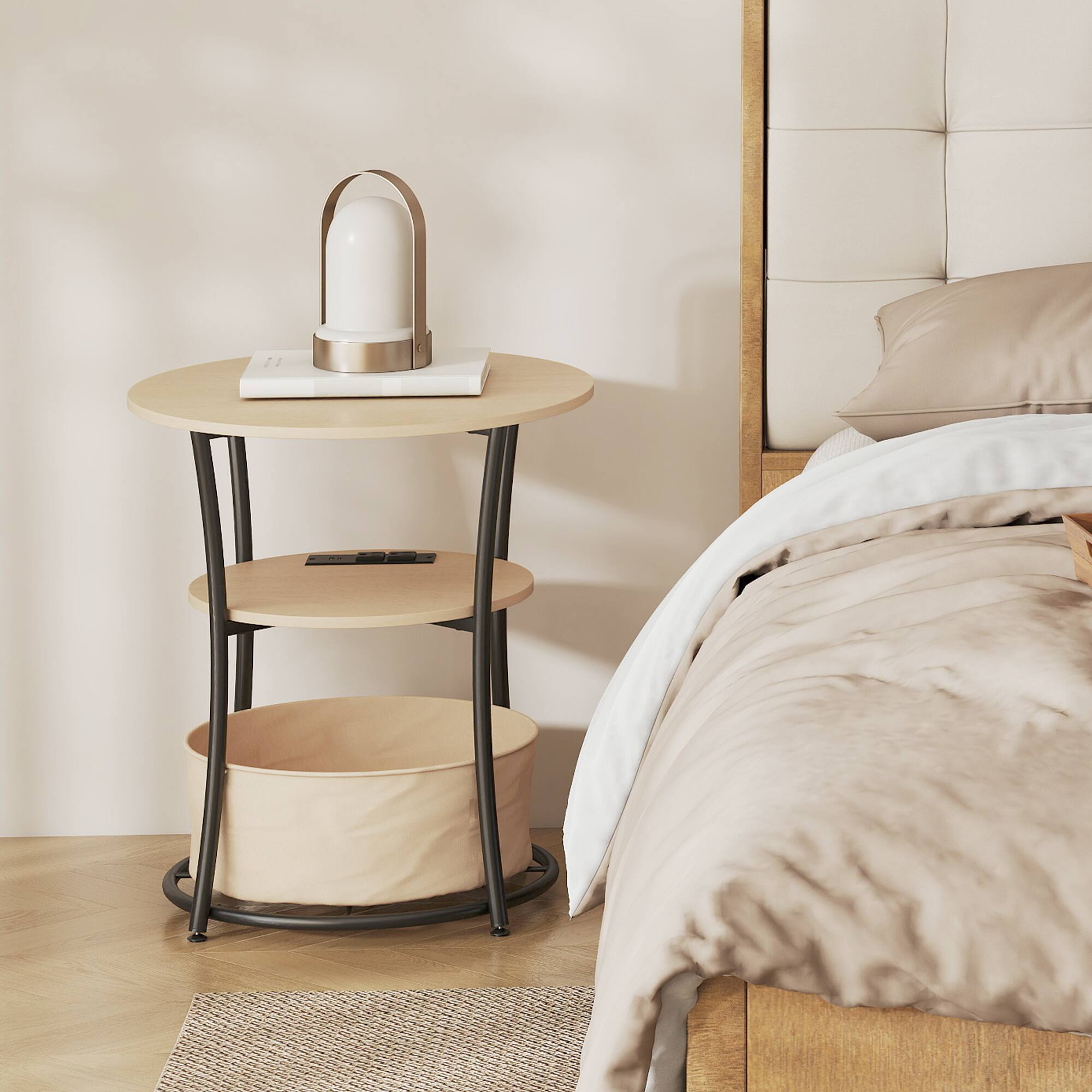 Alt View 8. Homcom - Side Table with Charging Station, 3-Tier End Table with Fabric Storage Bag and Shelf - Natural Wood.