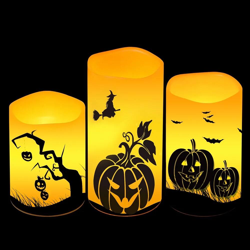 Back. MOVSSOU - Halloween Flameless Candles Flickering Remote Timer Battery Operated 3 Pumpkin Halloween Decoration - yellow.