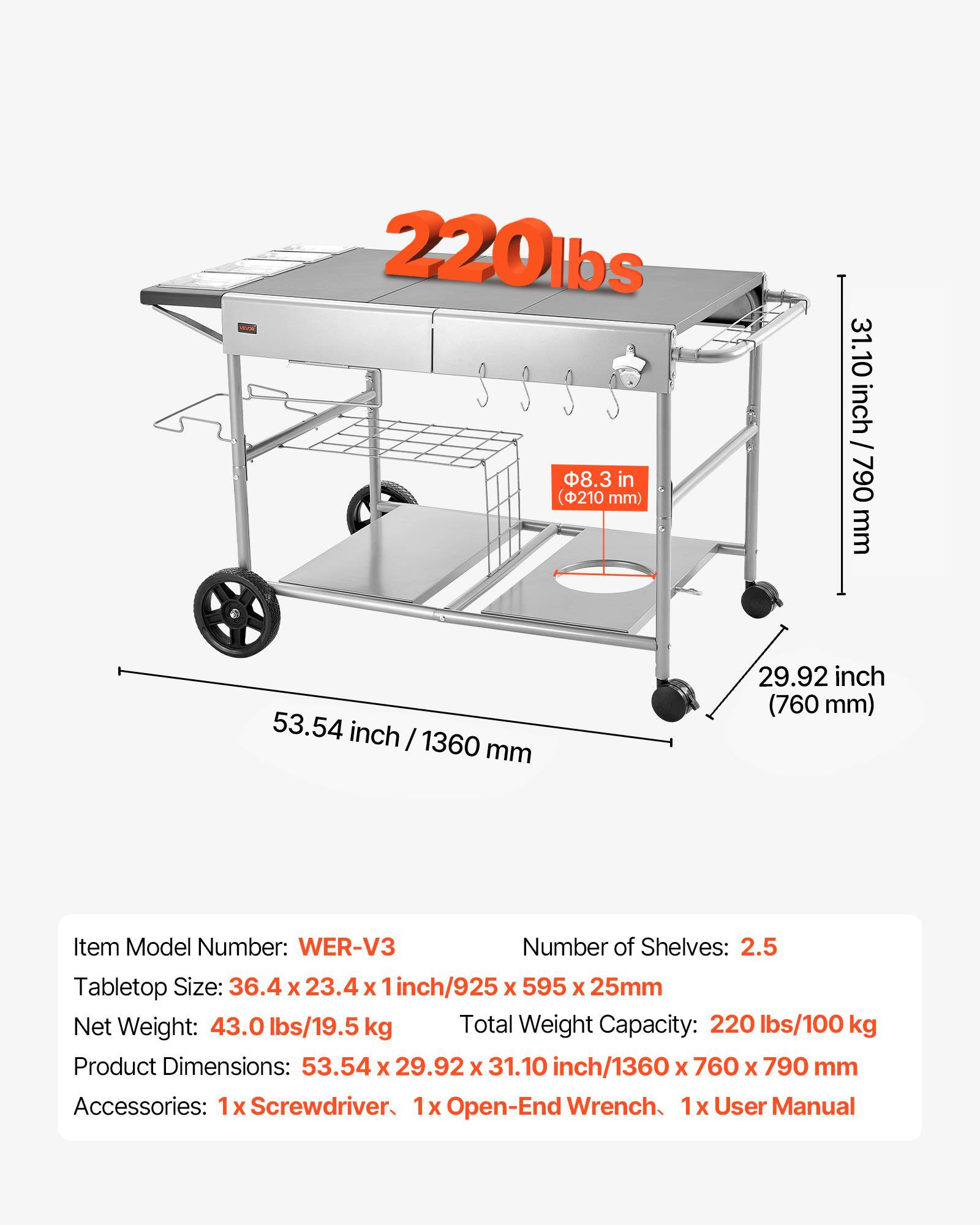 220 lbs  
8.3 in (210 mm)  
31.10 inch / 790 mm  
53.54 inch / 1360 mm  
29.92 inch (760 mm)  

Item Model Number: WER-V3  
Number of Shelves: 2.5  
Tabletop Size: 36.4 x 23.4 x 1 inch / 925 x 595 x 25 mm  
Net Weight: 43.0 lbs / 19.5 kg  
Total Weight Capacity: 220 lbs / 100 kg  
Product Dimensions: 53.54 x 29.92 x 31.10 inch / 1360 x 760 x 790 mm  
Accessories: 1 x Screwdriver, 1 x Open-End Wrench, 1 x User Manual
