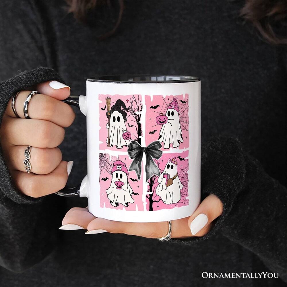 Left. OrnamentallyYou - Pink Halloween Ghost Mug, Coquette Spooky Season Gift - White.
