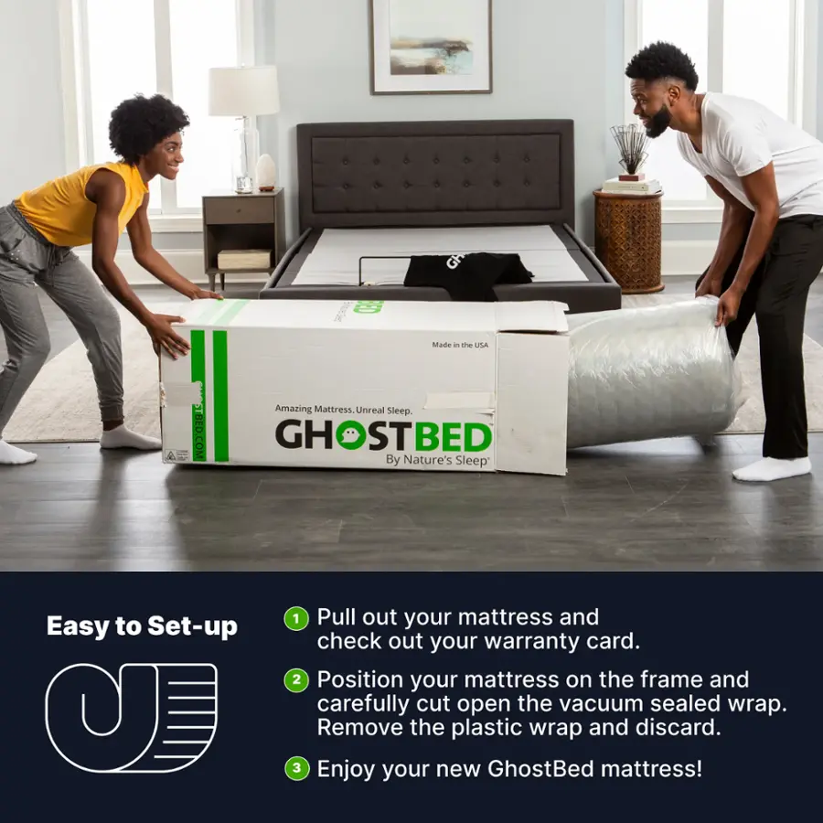 The image features a man and a woman in a bedroom, with the man holding a box that says "Ghostbed" on it. The man is also holding a mattress, and the woman is helping him set it up. The scene suggests that they are in the process of unpacking and setting up their new mattress. The image is likely promoting the Ghostbed mattress, showcasing its ease of use and the satisfaction of the customers.