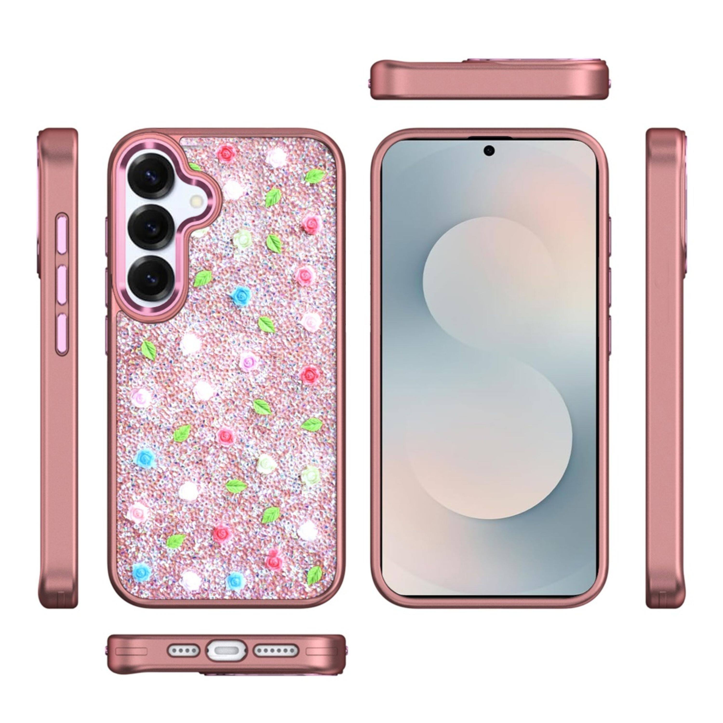 Left. Kitcheniva - Tiny Roses Glitter Design Phone Case With Tempered Glass For Samsung Galaxy S26 Rose Gold - Rose Gold.