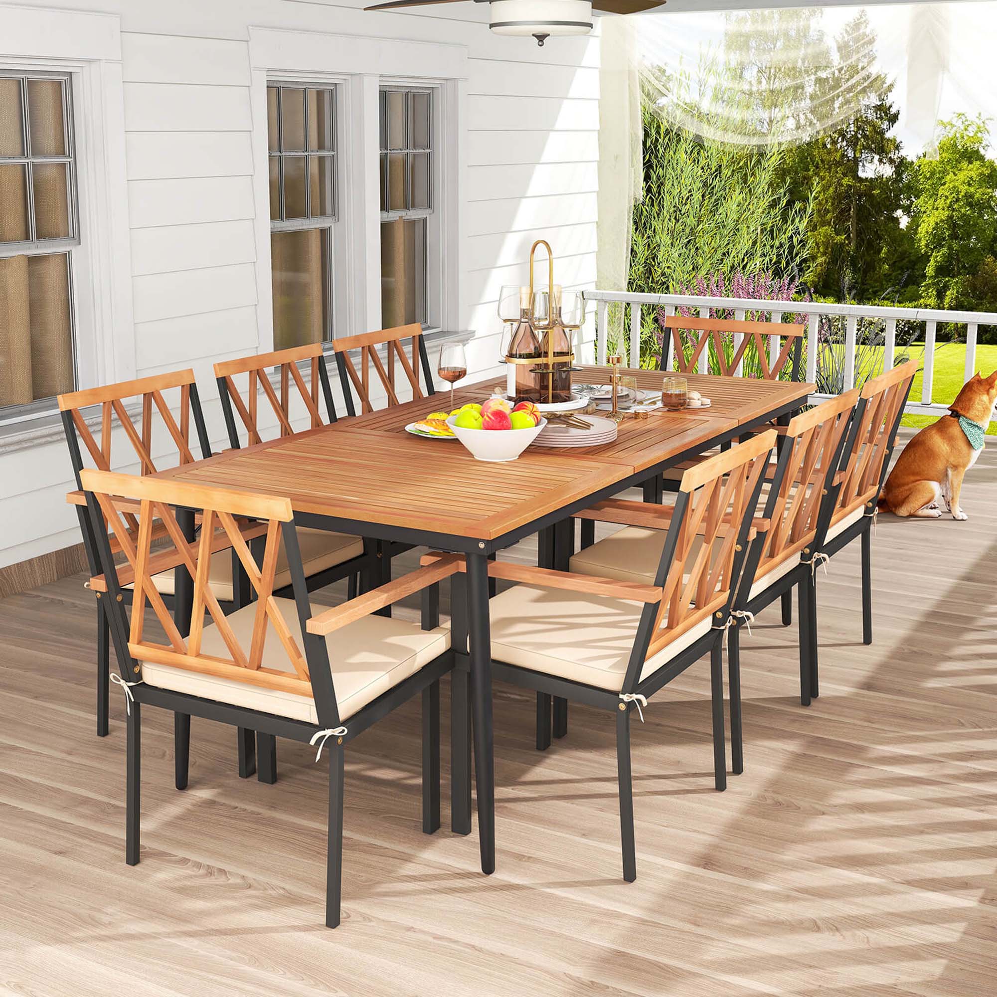 Alt View 2. Costway - 9 PCS Patio Dining Set Table with 1.9" Umbrella Hole & 8 Dining Chairs Outdoor - Natural & Black.