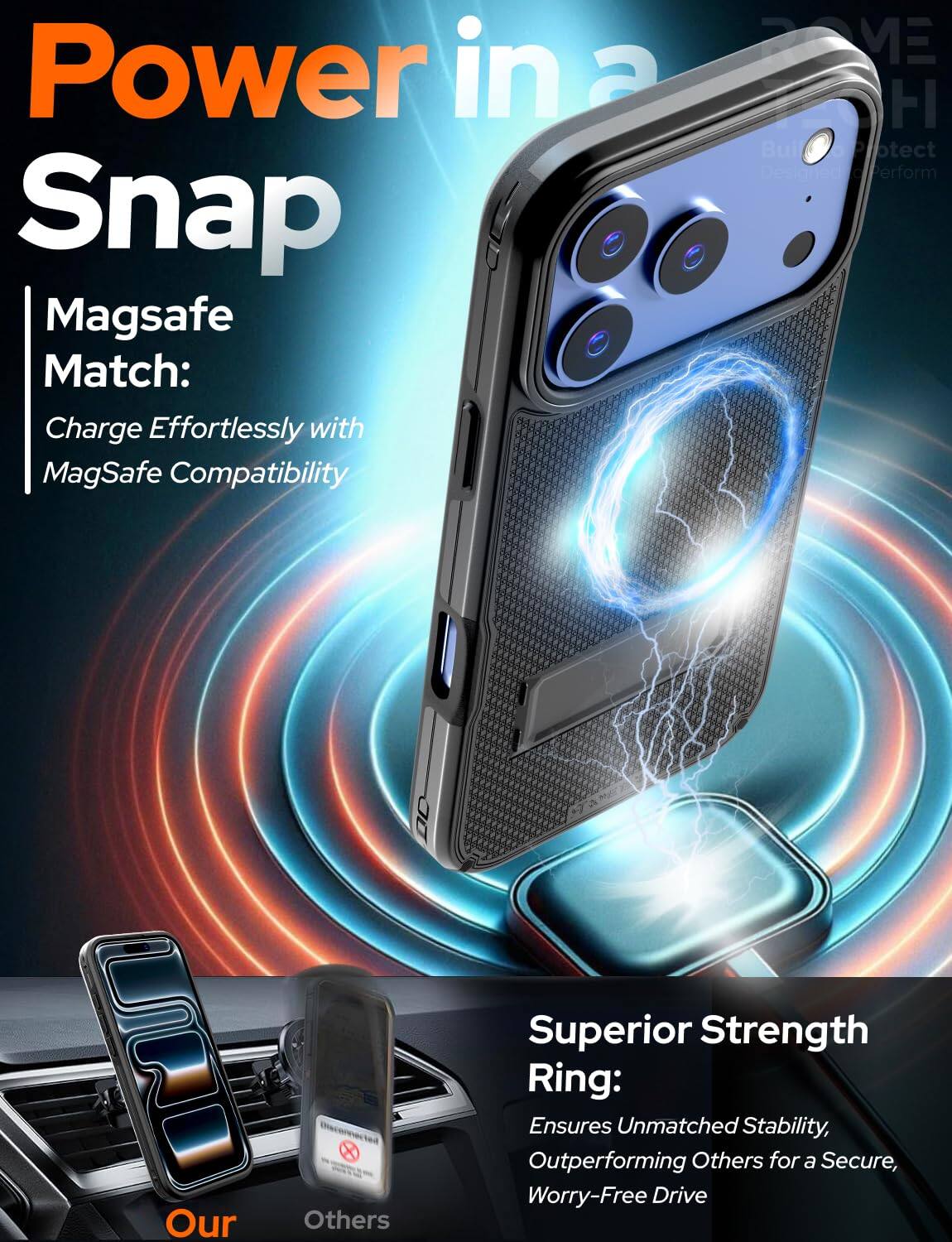 Power in a Snap

Magsafe Match: Charge Effortlessly with MagSafe Compatibility

Superior Strength Ring: Ensures Unmatched Stability, Outperforming Others for a Secure, Worry-Free Drive

Our Others