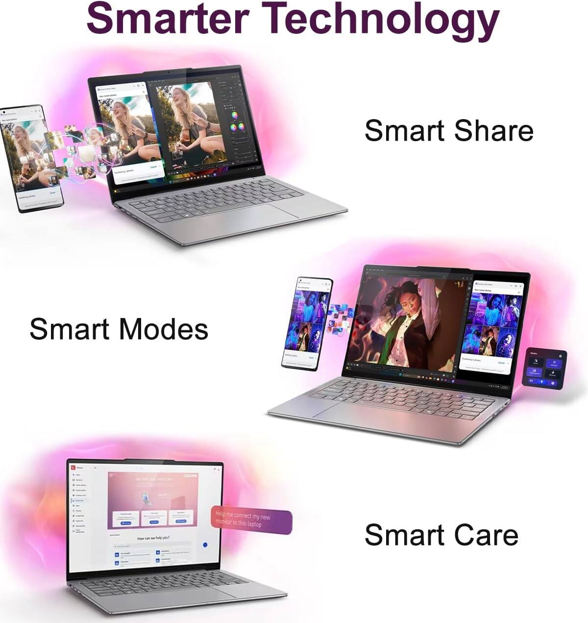 Smarter Technology  
Smart Share  
Smart Modes  
Smart Care  

Help me connect my new monitor to this laptop