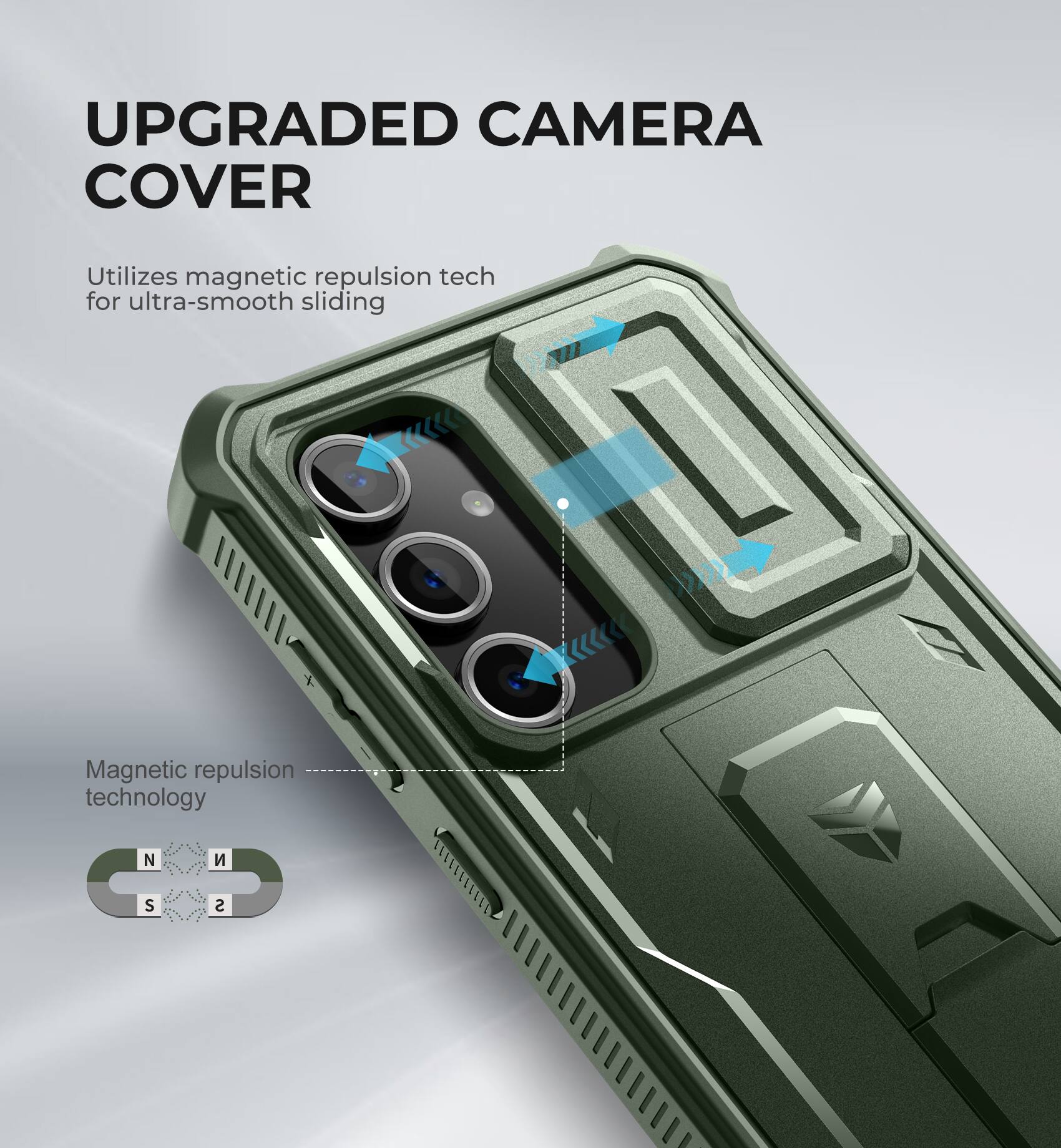 UPGRADED CAMERA COVER, Utilizes magnetic repulsion tech for ultra-smooth sliding, Magnetic repulsion technology, N S S