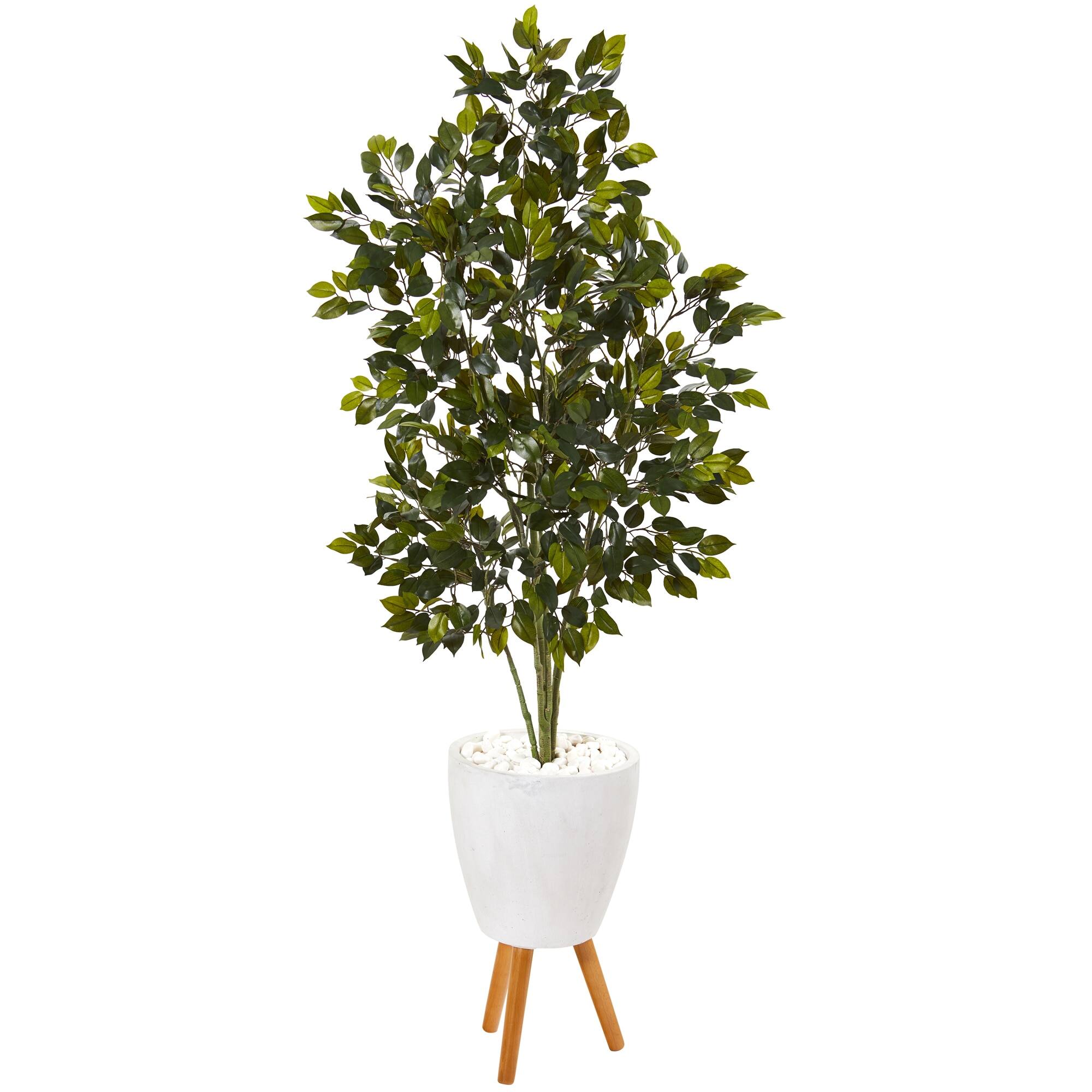 Front. BreeBe - 5' Ficus Artificial Tree in White Planter with Stand - Green.