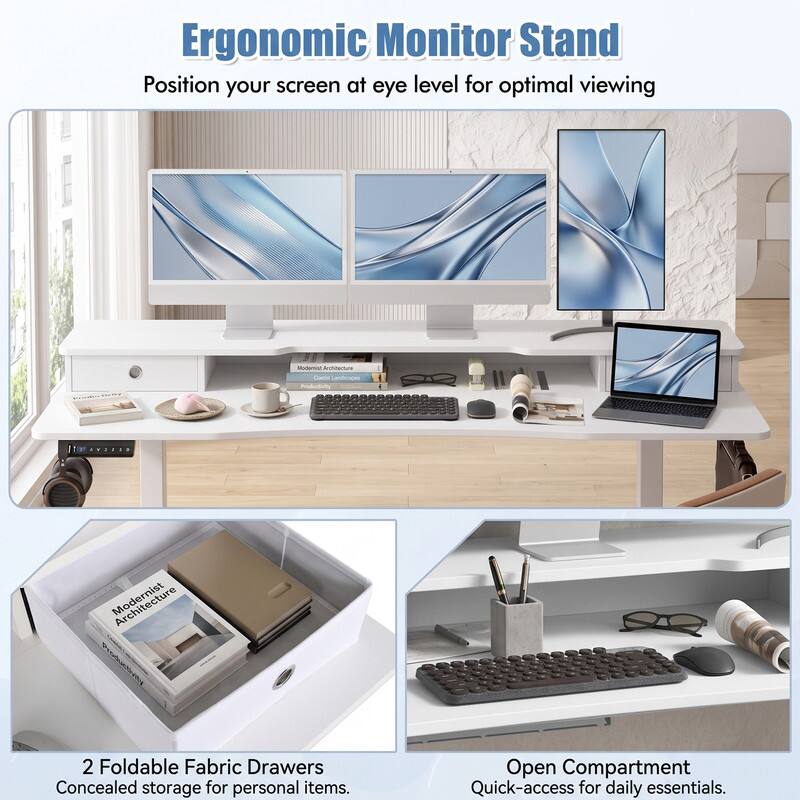 Ergonomic Monitor Stand  
Position your screen at eye level for optimal viewing  

Modernist 2 Foldable Fabric Drawers  
Concealed storage for personal items.  

Open Compartment  
Quick-access for daily essentials.