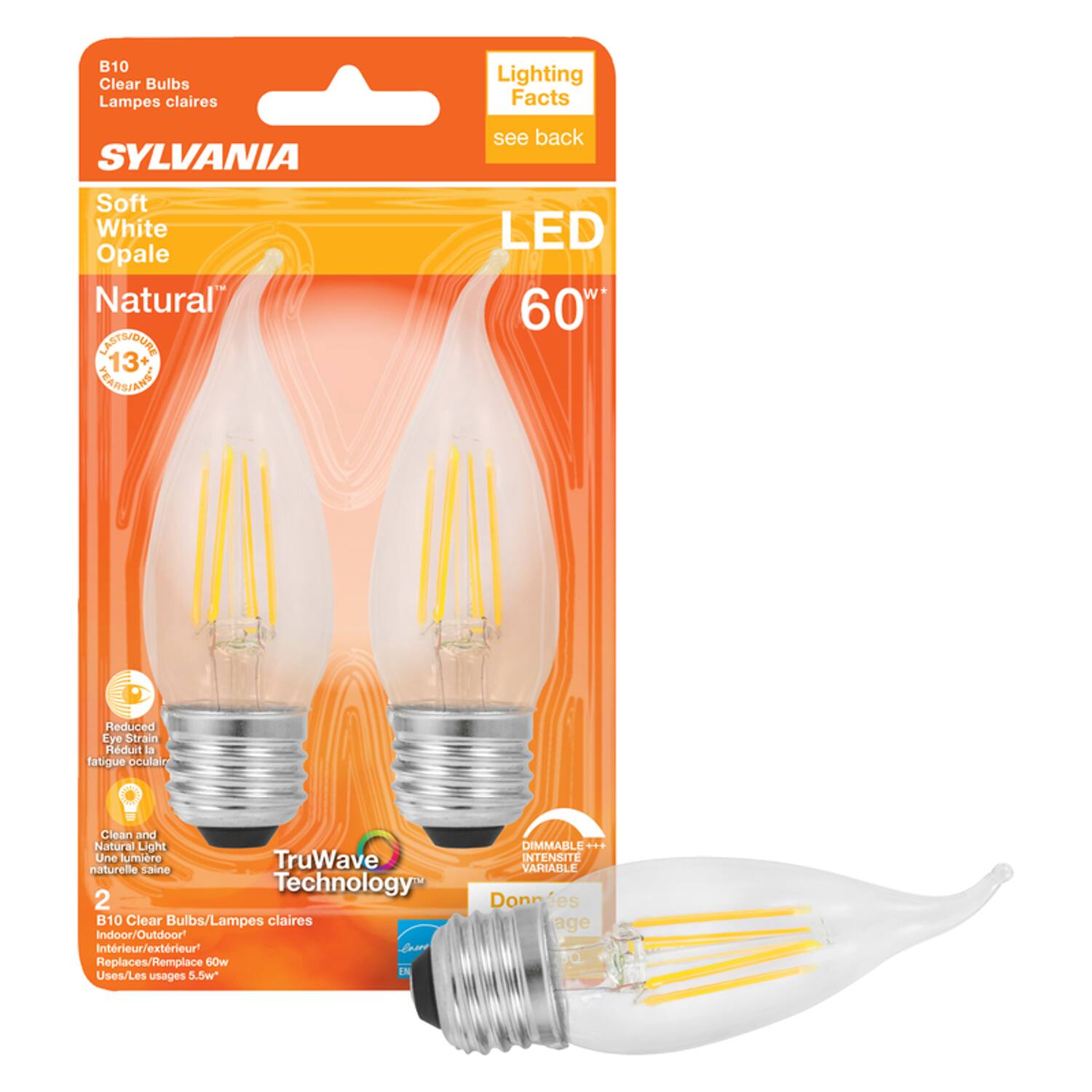 B10 Clear Bulbs Lampes claires Lighting Facts SYLVANIA Soft White Opale Natural NAUGLTAA 13 TERRIANE see back LED 60 Reduced Eye Strain lduit la fatigue oculair Clean and Natural Light Une lumière TruWave naturelle saine Technology 2 B10 Clear Bulbs/Lampes claires Indoor/Outdoor Intérieur/extérieur Crare Replaces/Remplace 60w IN Uses/Les usages 5.5w* DIMMABLE+ INTENSITE VARIAULE Données énergétiques