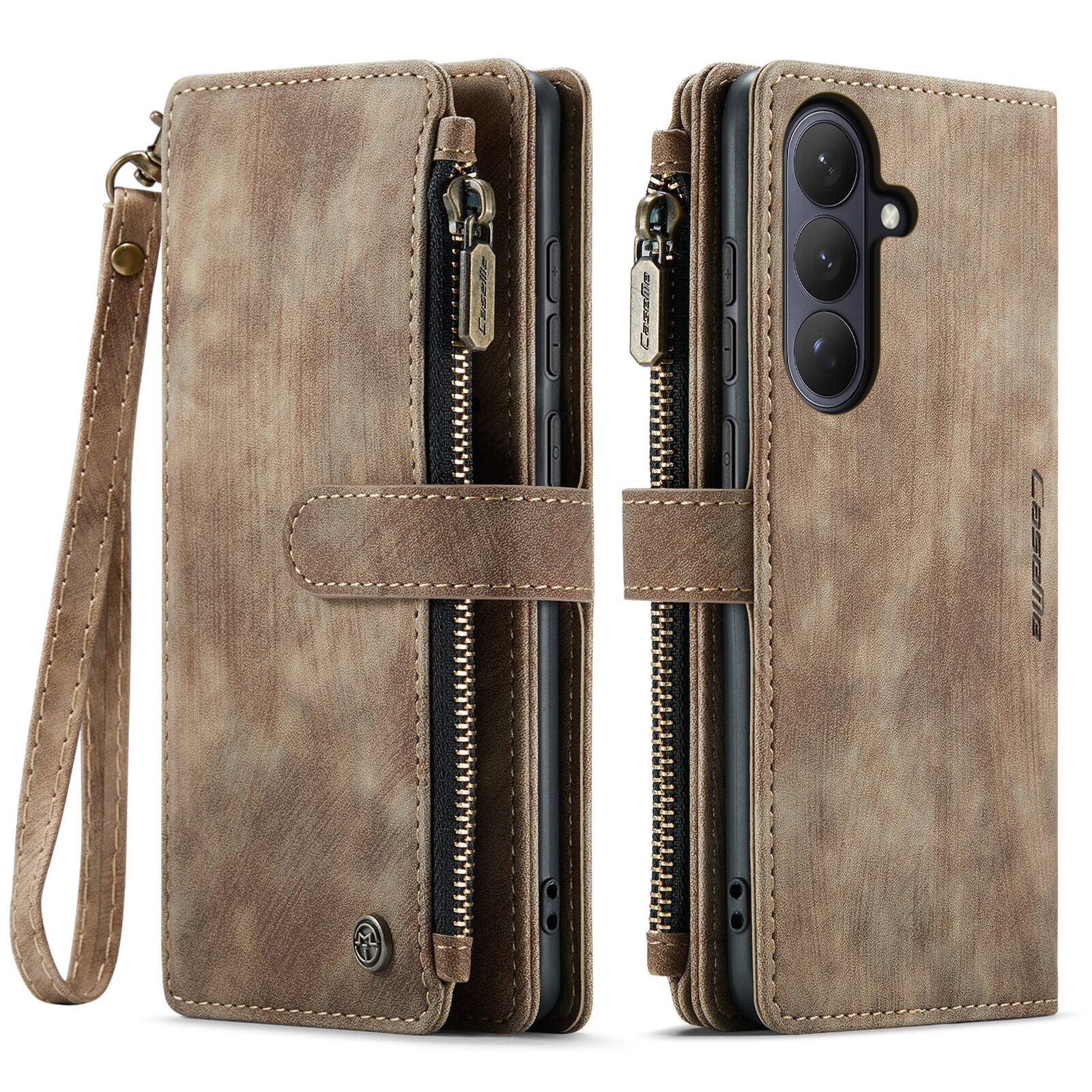 Angle. UUCOVER - Wallet Case for Samsung Galaxy S26+ with Zipper Pocket, Card Slot Cash Holder and Wrist Strap, Magnetic Flip Stand Cover - Brown.