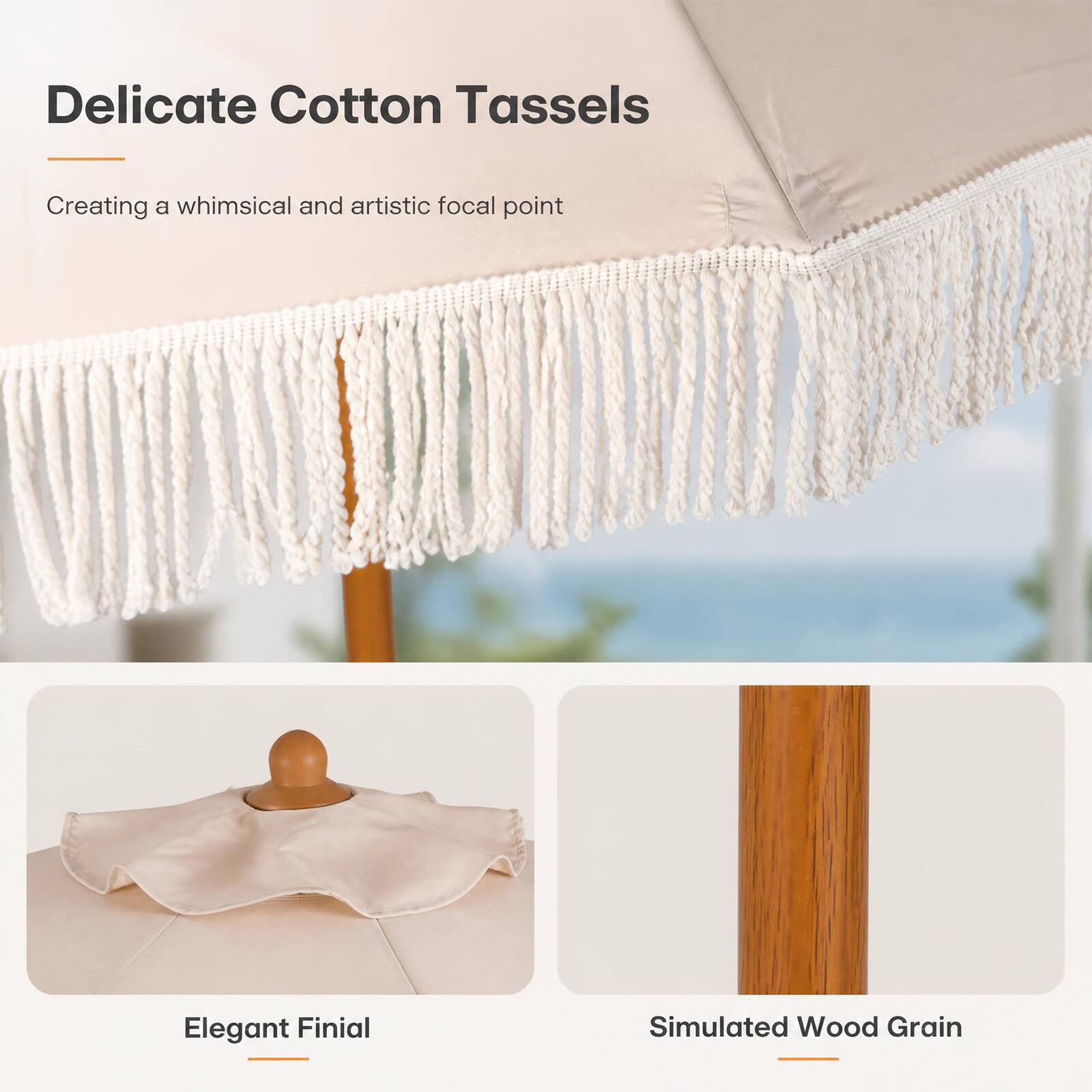 Delicate Cotton Tassels  
Creating a whimsical and artistic focal point  

Elegant Finial  

Simulated Wood Grain