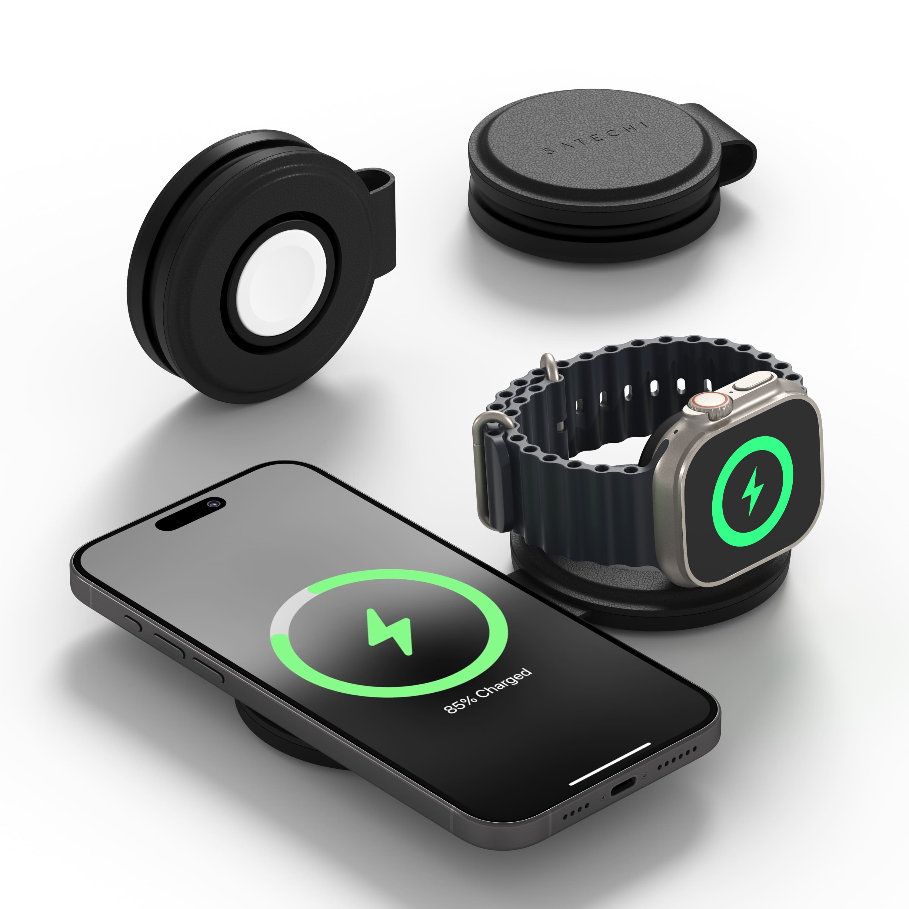 Satechi - OntheGo™ 2-in-1 WIRELESS CHARGER, Qi2 MagSafe Compatible Charger, Works with iPhone, Apple Watch, Airpods - Black