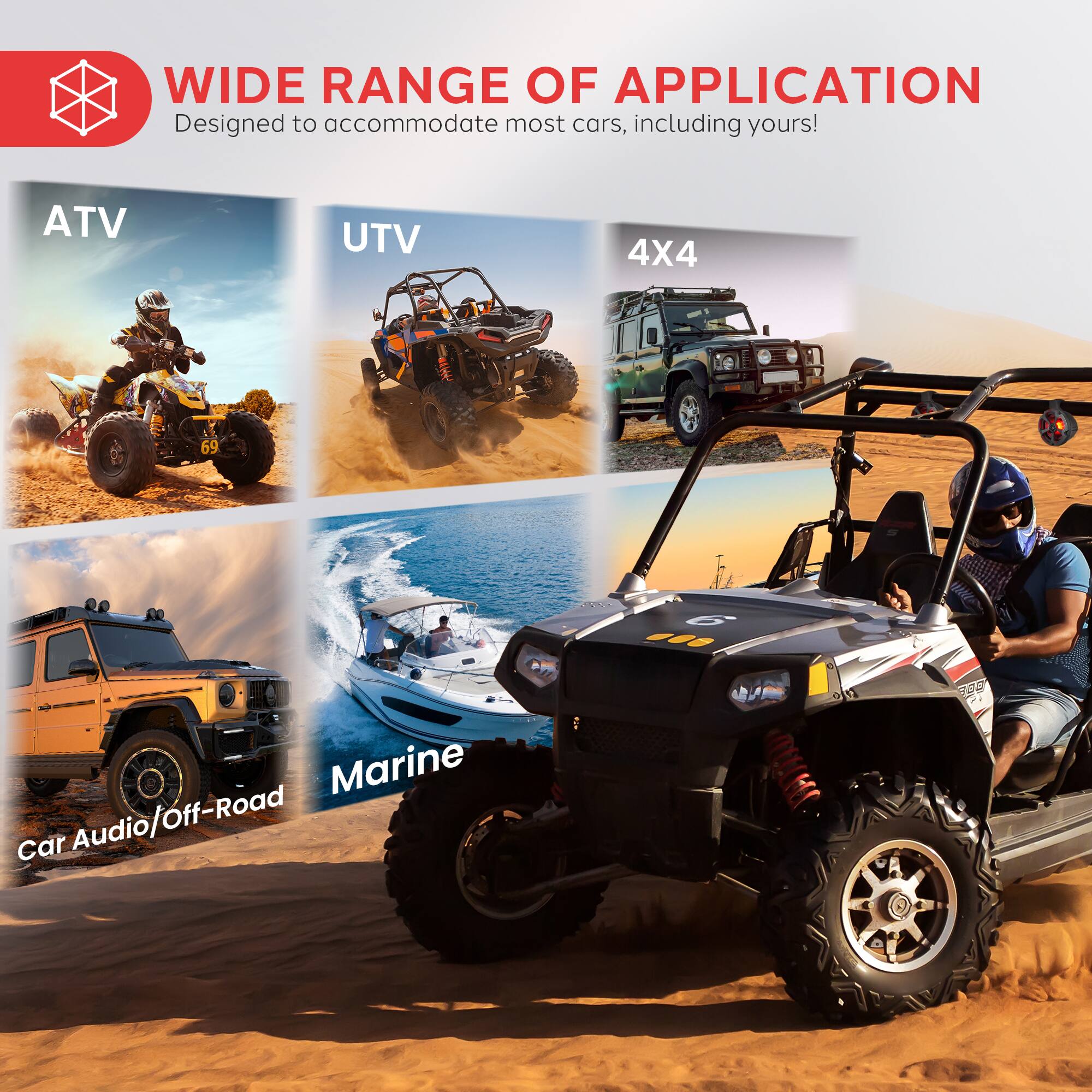 WIDE RANGE OF APPLICATION
Designed to accommodate most cars, including yours!
ATV
UTV
4X4
Marine
Car Audio/Off-Road
