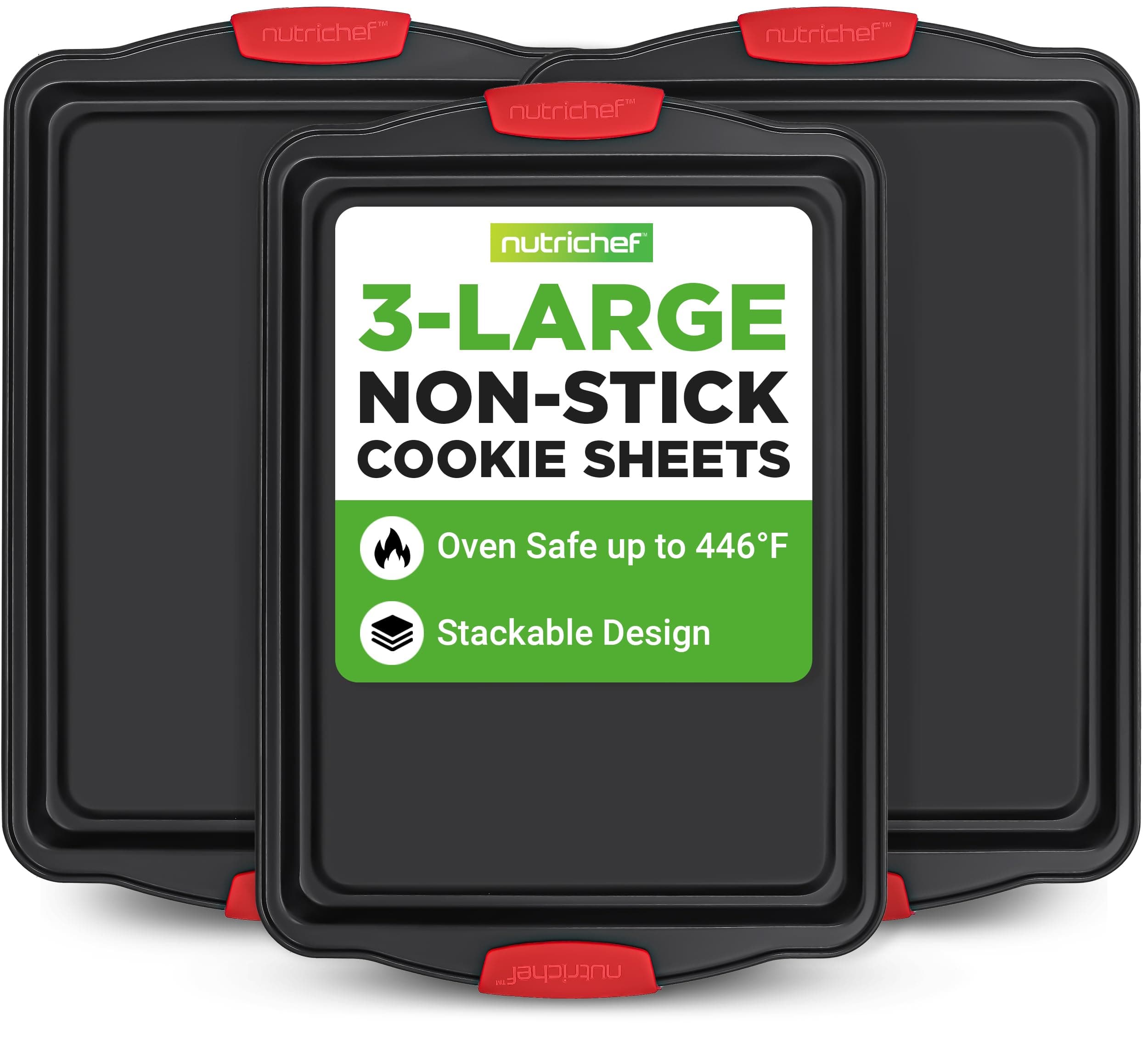 NutriChef - 3-Piece Large Nonstick Cookie Sheets for Baking | Carbon Steel Tray Set with Silicone Handles (Black)