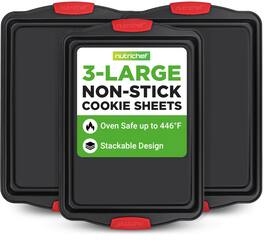 NutriChef - 3-Piece Large Nonstick Cookie Sheets for Baking | Carbon Steel Tray Set with Silicone Handles (Black)
