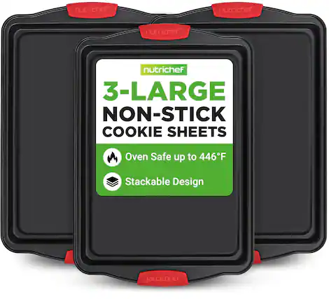 nutrichef nutrichef nutrichef nutrichef 3-LARGE NON-STICK COOKIE SHEETS Oven Safe up to 446°F Stackable Design nutrichef