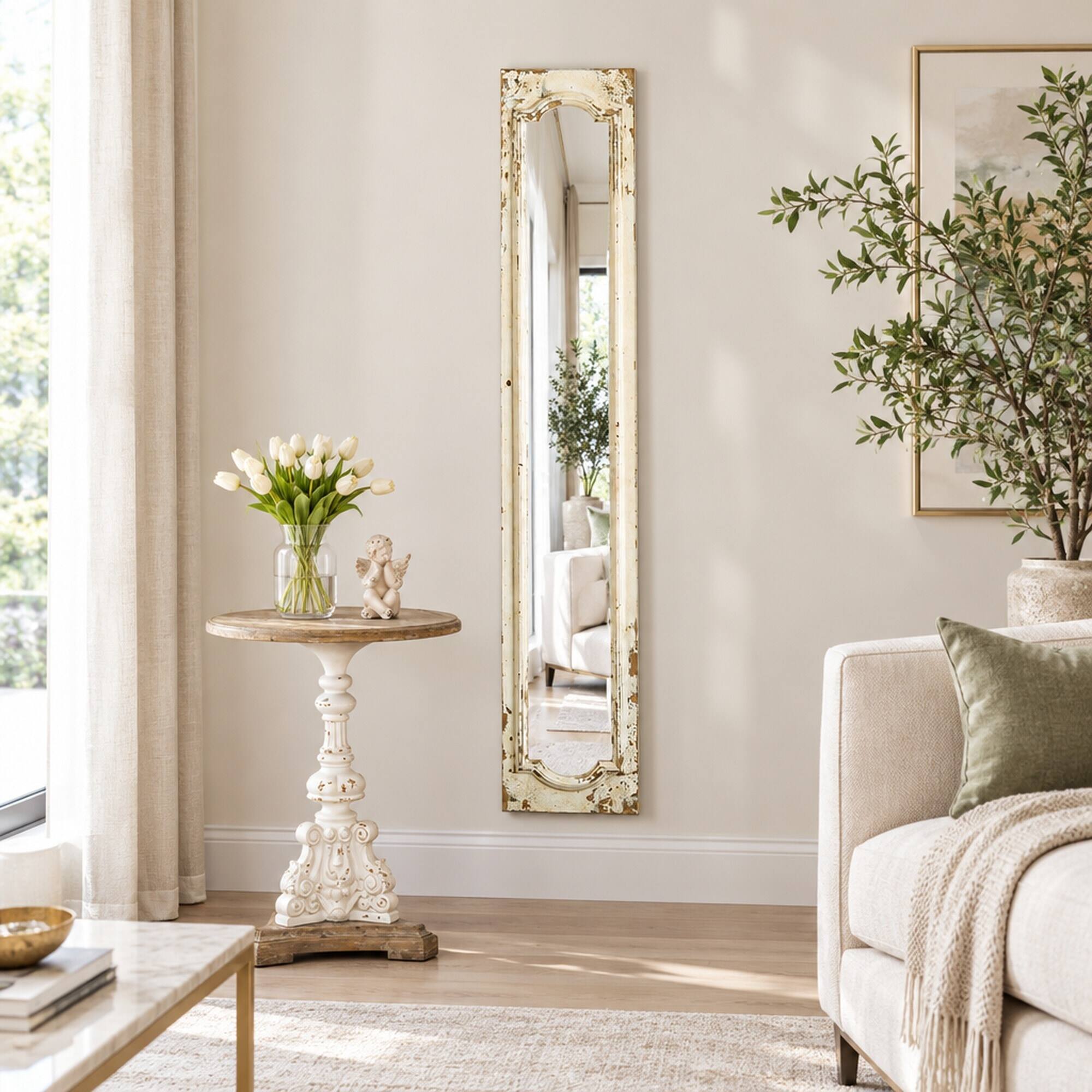 Back. RYHNUYNE - Distressed White Arched Floor Mirror, 11.8 x 1.6 x 69.3 in, Wood Frame, Leaning Design, Rustic Bedroom Decor - White.