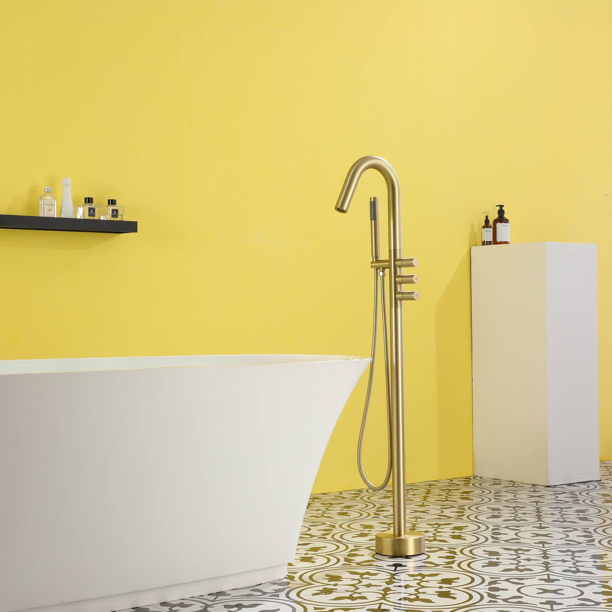 Alt View 3. Boyel Living - Freestanding Floor Mount 3-Handle Bath Tub Filler Faucet with Handheld Shower and Water Supply Lines in Brushed Gold - Brushed Gold.