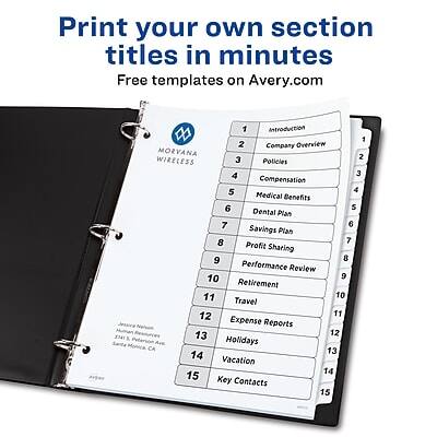 Print your own section titles in minutes  
Free templates on Avery.com

1. Introduction  
2. Company Overview  
3. Policies  
4. Compensation  
5. Medical Benefits  
6. Dental Plan  
7. Savings Plan  
8. Profit Sharing  
9. Performance Review  
10. Retirement  
11. Travel  
12. Expense Reports  
13. Holidays  
14. Vacation  
15. Key Contacts