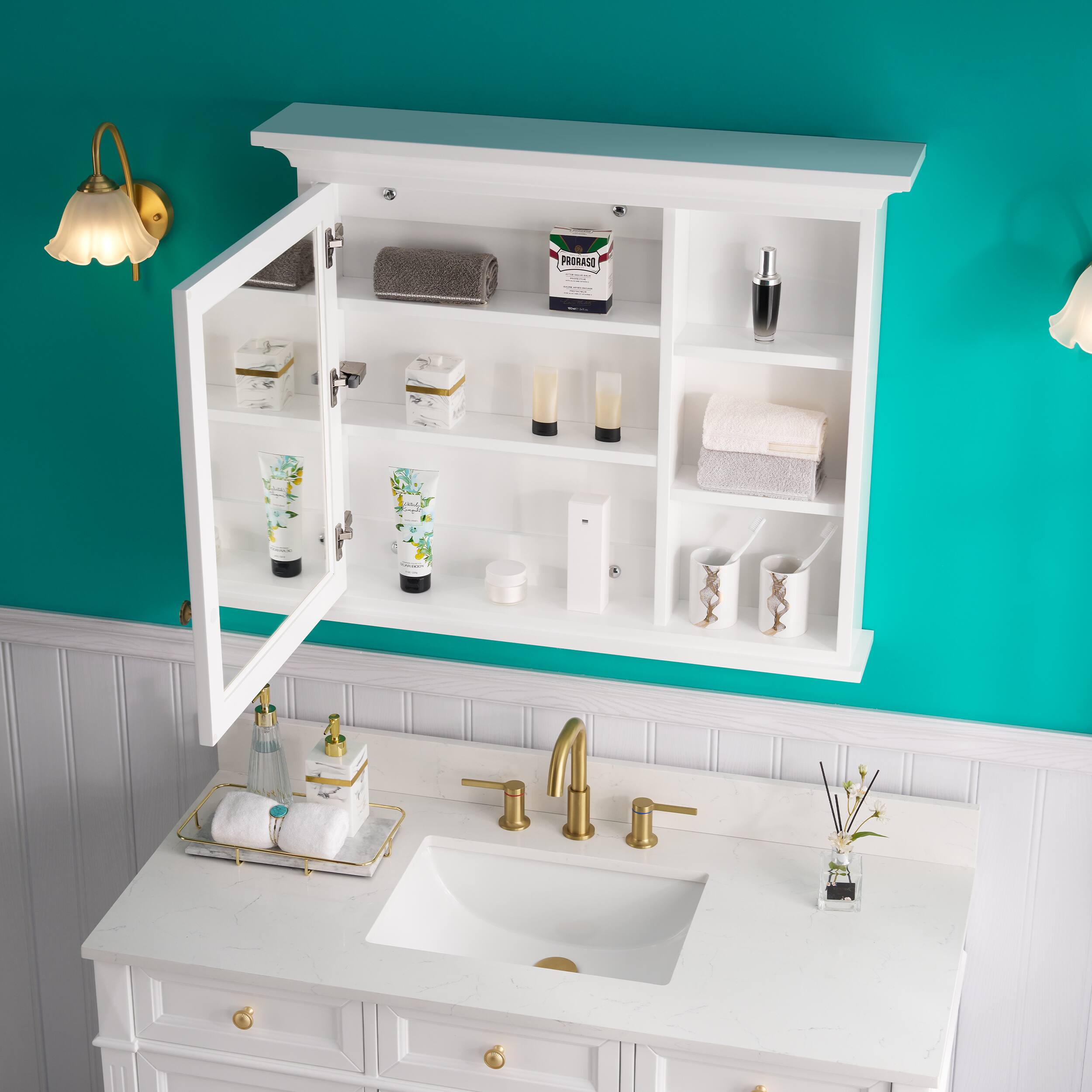 Back. WELLFOR - 36 in. W x 30 in. H Rectangular Solid Wood Medicine Cabinet with Mirror - White.