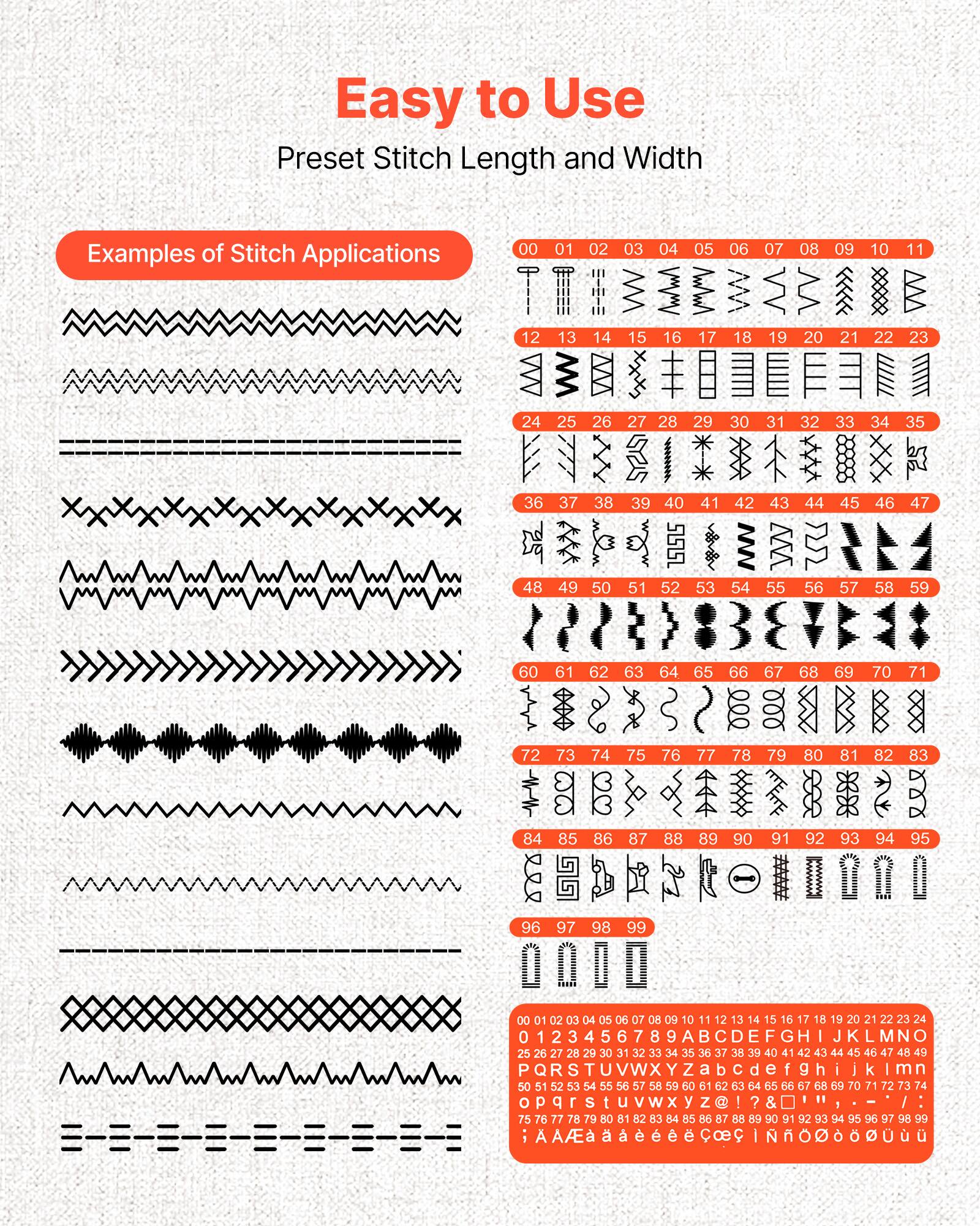 Easy to Use  
Preset Stitch Length and Width  

Examples of Stitch Applications  

00 01 02 03 04 05 06 07 08 09 10 11 12 13 14 15 16 17 18 19 20 21 22 23 24 25 26 27 28 29 30 31 32 33 34 35 36 37 38 39 40 41 42 43 44 45 46 47 48 49 50 51 52 53 54 55 56 57 58 59 60 61 62 63 64 65 66 67 68 69 70 71 72 73 74 75 76 77 78 79 