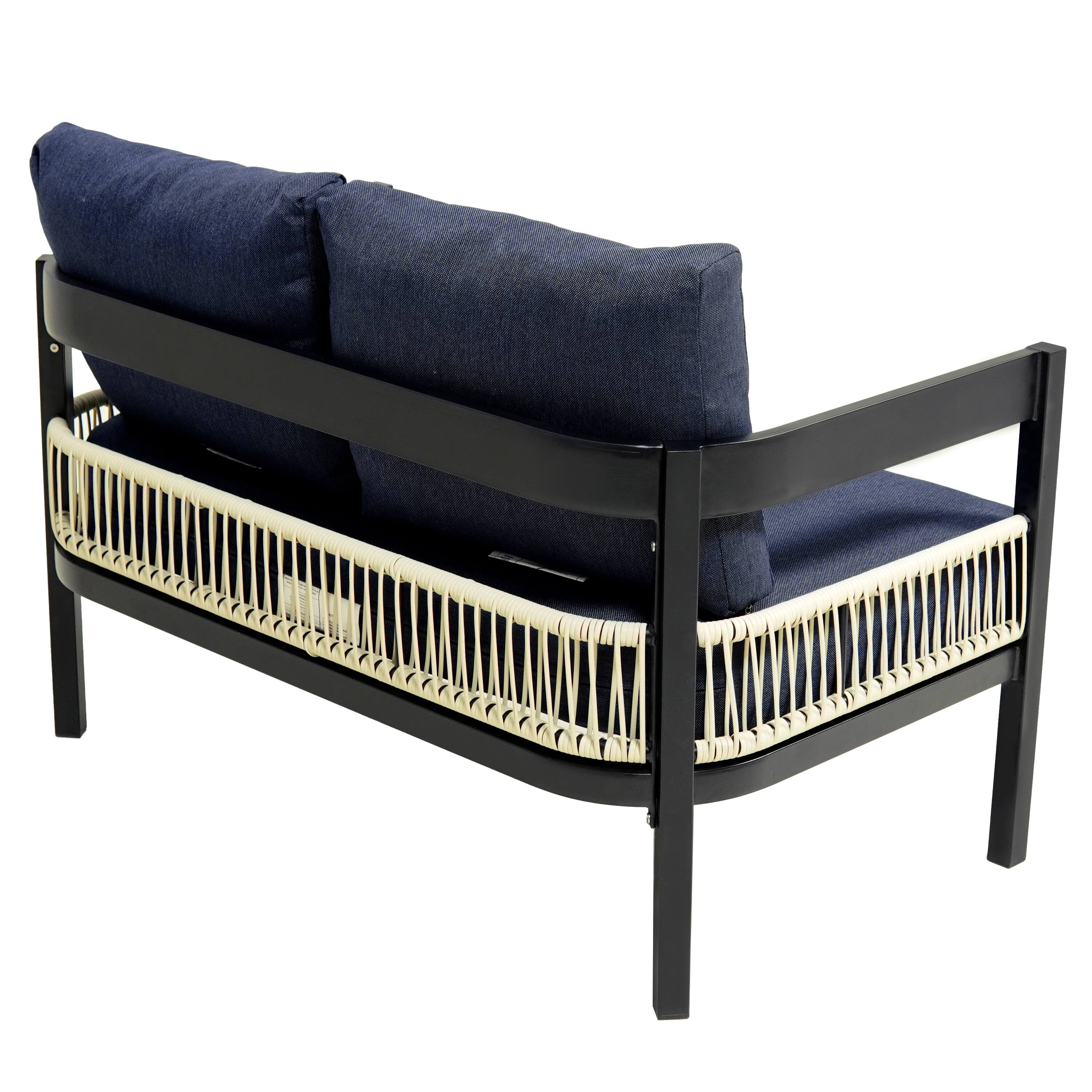 Alt View 4. Mondawe - Outdoor Iron Sofa Set with A table, Rattan Decoration - Dark Blue.