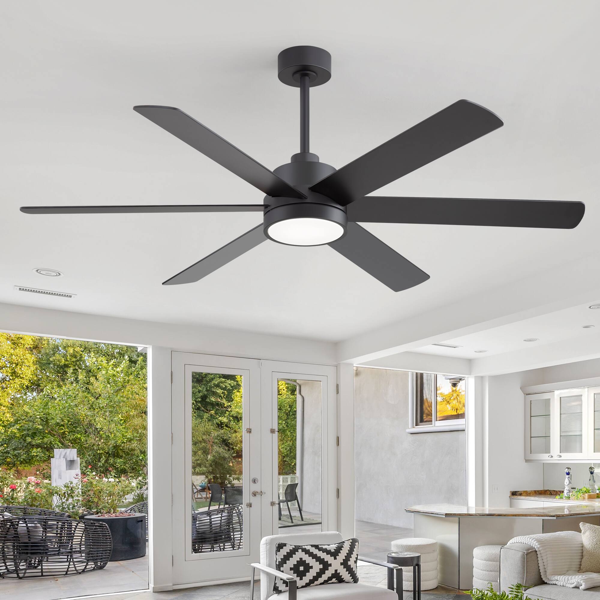 Left. Breezary - 60 Inch Modern LED Ceiling Fan with Light and Remote, 6 Reversible Plywood Blades,6&12 Inch Downrods Included - matte black and walnut.