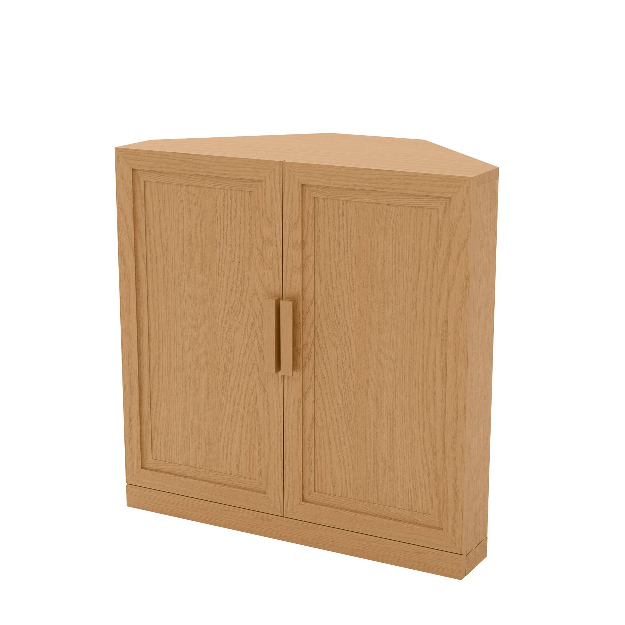 Angle. PexFix - 31" Farmhouse Corner Accent Storage Cabinet with Solid Wood Doors and Adjustable Shelves for Space-Saving - Natural.