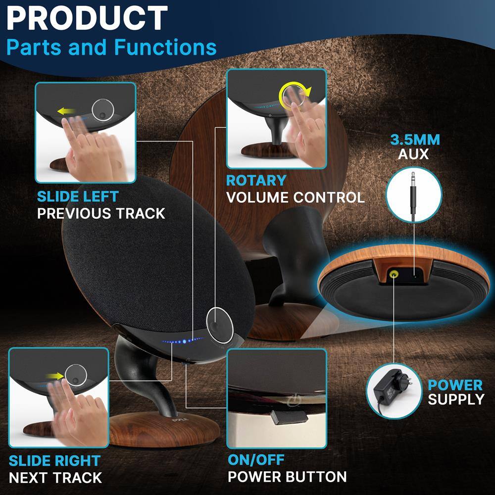 PRODUCT  
Parts and Functions  

- SLIDE LEFT  
  PREVIOUS TRACK  

- ROTARY  
  VOLUME CONTROL  

- 3.5MM AUX  

- SLIDE RIGHT  
  NEXT TRACK  

- ON/OFF  
  POWER BUTTON  

- POWER SUPPLY