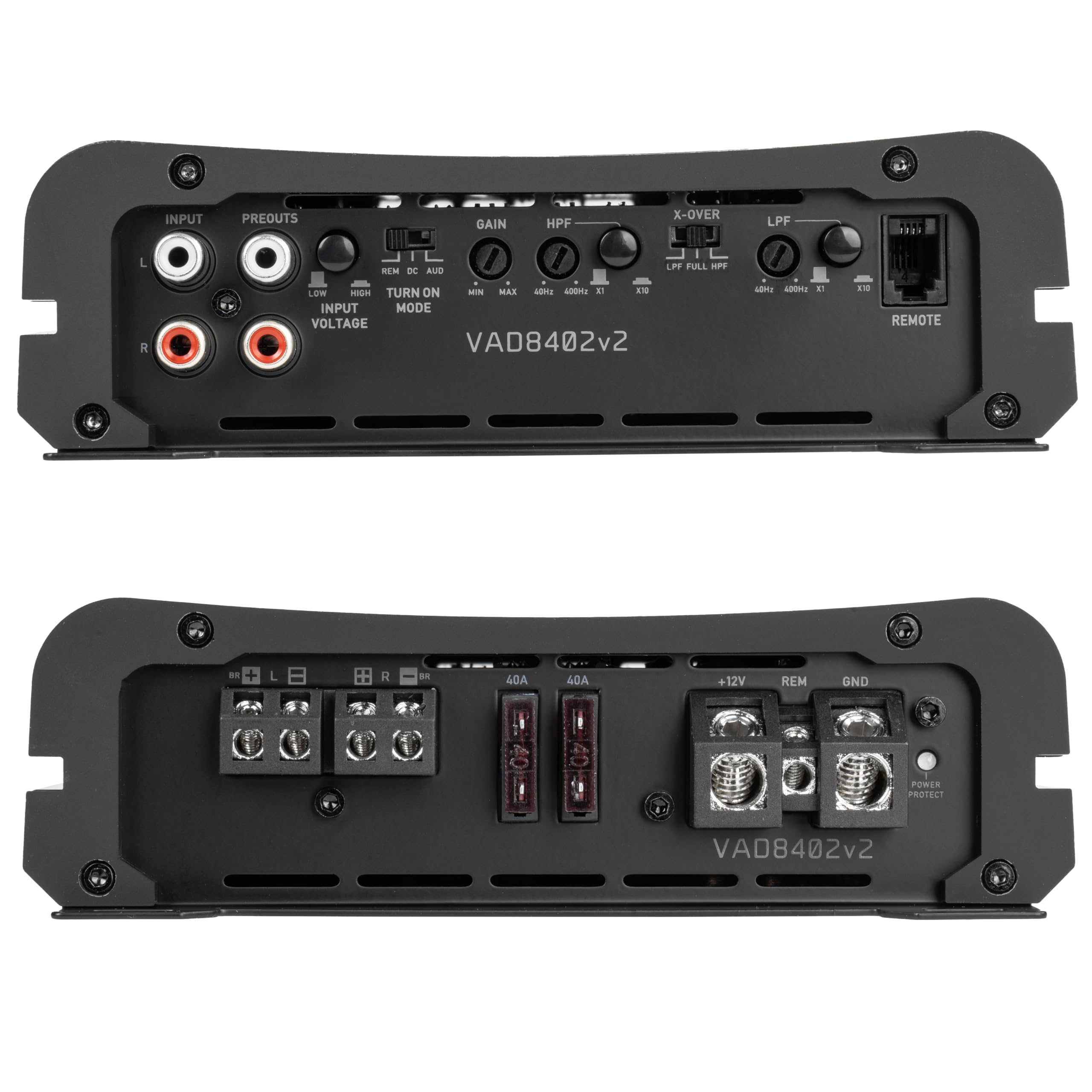 INPUT PREOUTS GAIN HPF X-OVER LPF aa L DEM DC AUD LPF FULL H R L - TURN ON - MAX AOE 400 E 1 INPUT MODE VOLTAGE VAD8402V2 saT AOHI N1 1 REMOTE de L R an 40A 40A +12V REM GND POWER PROTECT VAD8402v2
