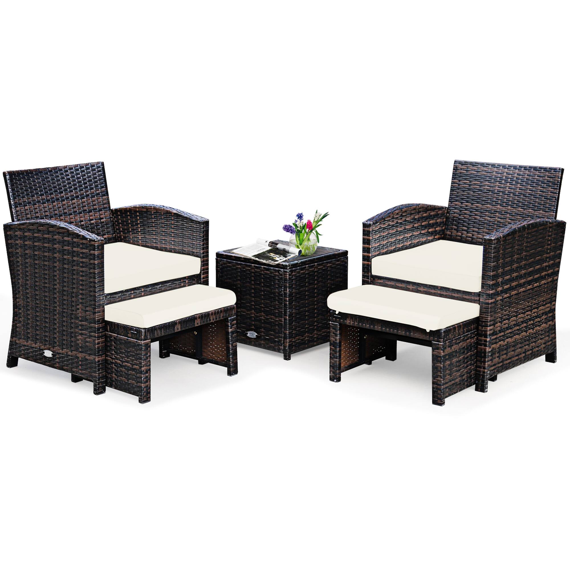 Gymax - 5PCS Rattan Patio Furniture Set Chair & Ottoman Set w/ Cushions - White