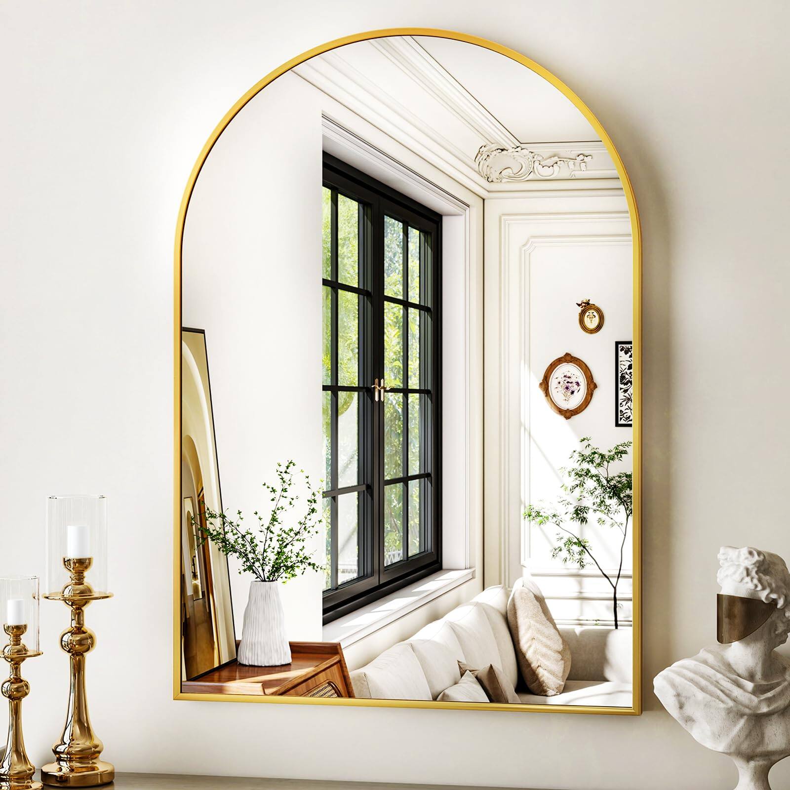 Front. Dazzling Pops - Arched Bathroom Mirror Wall For Metal Frame Vanity Dresser Arch Decorative Mirrors Living Room Bedroom Entr - Gold 30"L x 20"W.