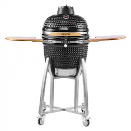 VEVOR - Charcoal Smoker and Grill, 18" Kamado Charcoal BBQ Smoker, Movable Ceramic Barbecue Grill with 4 Wheels (2 Lockable) - Black