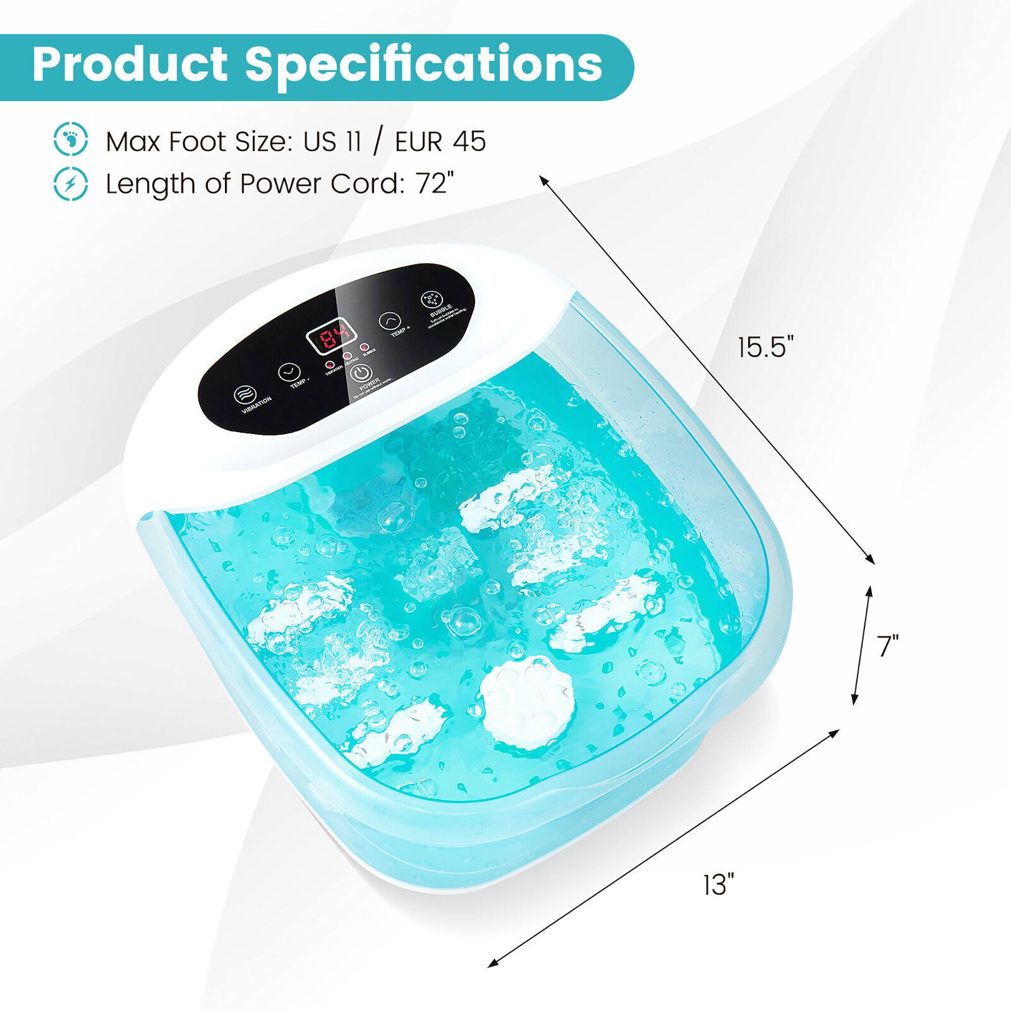 Product Specifications

- Max Foot Size: US 11 / EUR 45
- Length of Power Cord: 72"

Dimensions:
- 15.5"
- 7"
- 13"