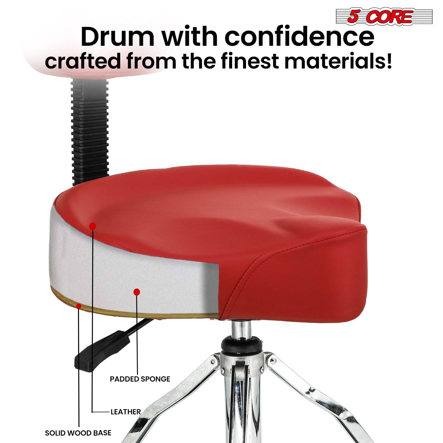 5 CORE  
Drum with confidence crafted from the finest materials!  
PADDED SPONGE  
LEATHER  
SOLID WOOD BASE