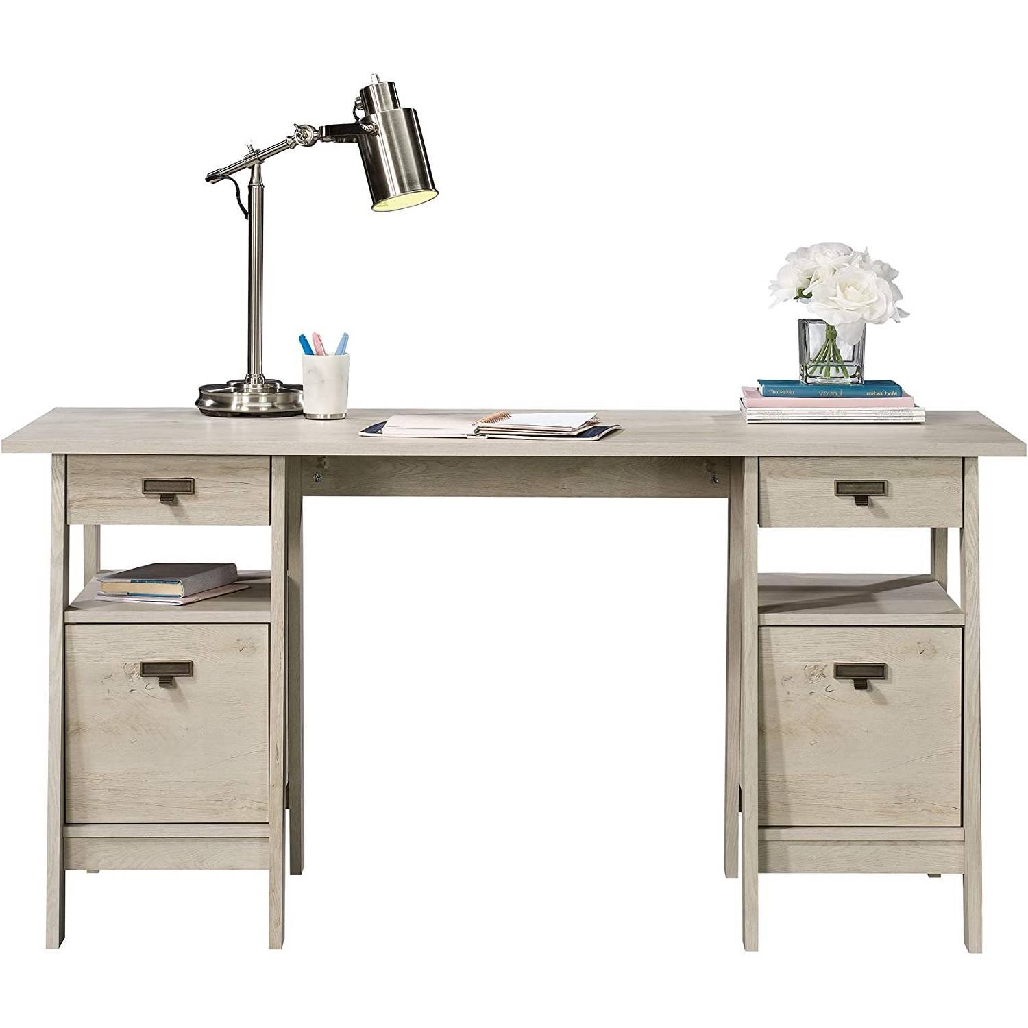 Angle. Hivvago - FarmHouse Chalky Oak Executive Desk w/ Filing Cabinets Storage - Oak.