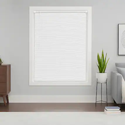 Front. VEVOR - Mini Blinds, 43.3" W x 48" H, 1" Slat Size, Cordless Horizontal Light Filtering No-Drill Mini Blind for Indoor Windows - White.