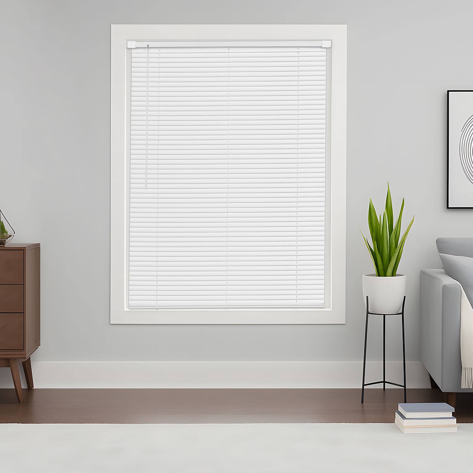 Front. VEVOR - Mini Blinds, 43.3" W x 48" H, 1" Slat Size, Cordless Horizontal Light Filtering No-Drill Mini Blind for Indoor Windows - White.