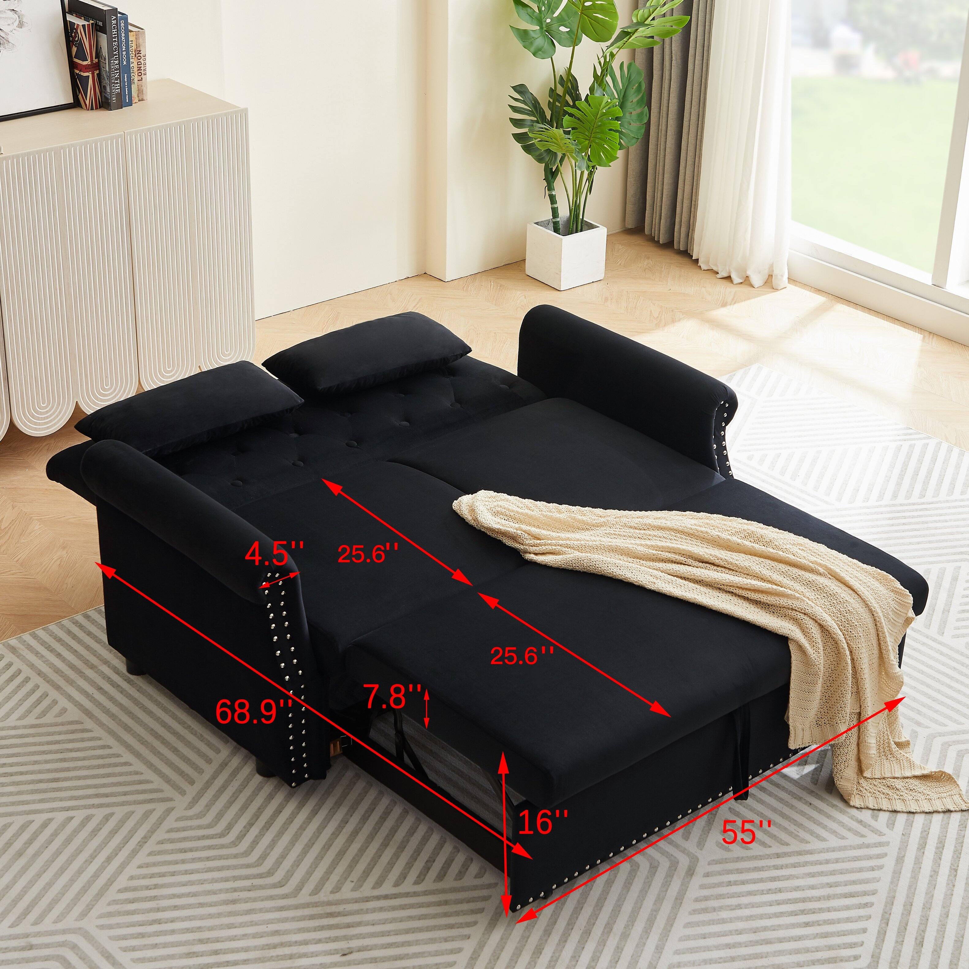 The dimensions of the sofa are:

- Width: 68.9"
- Depth: 25.6"
- Height: 16"
- Seat Height: 7.8"
- Armrest Height: 4.5"
- Seat Depth: 25.6"
- Overall Length: 55"